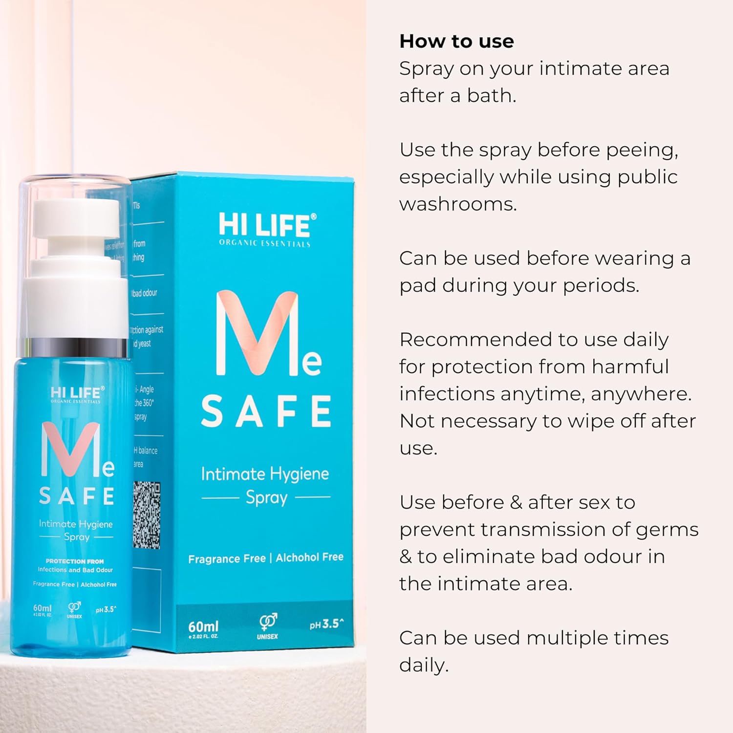Hi Life Me SAFE – Spray íntimolavado  Higiene femenina para mujeres enriquecida con gluconato de zinc  Antifúngico y antibacteriano evita picazón