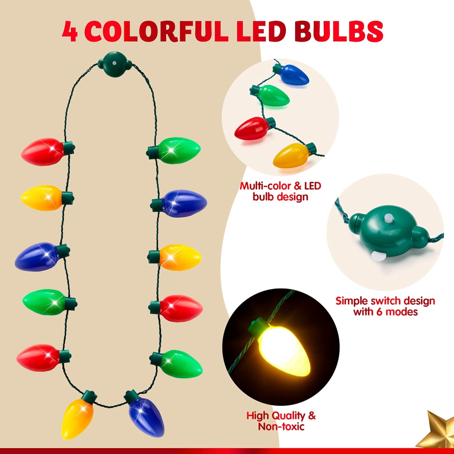 JOYIN Paquete de 6 collares de Navidad con luz de Navidad, 12 bombillas LED, collar de Navidad, bombillas para adultos y niños, fiestas de Navidad,