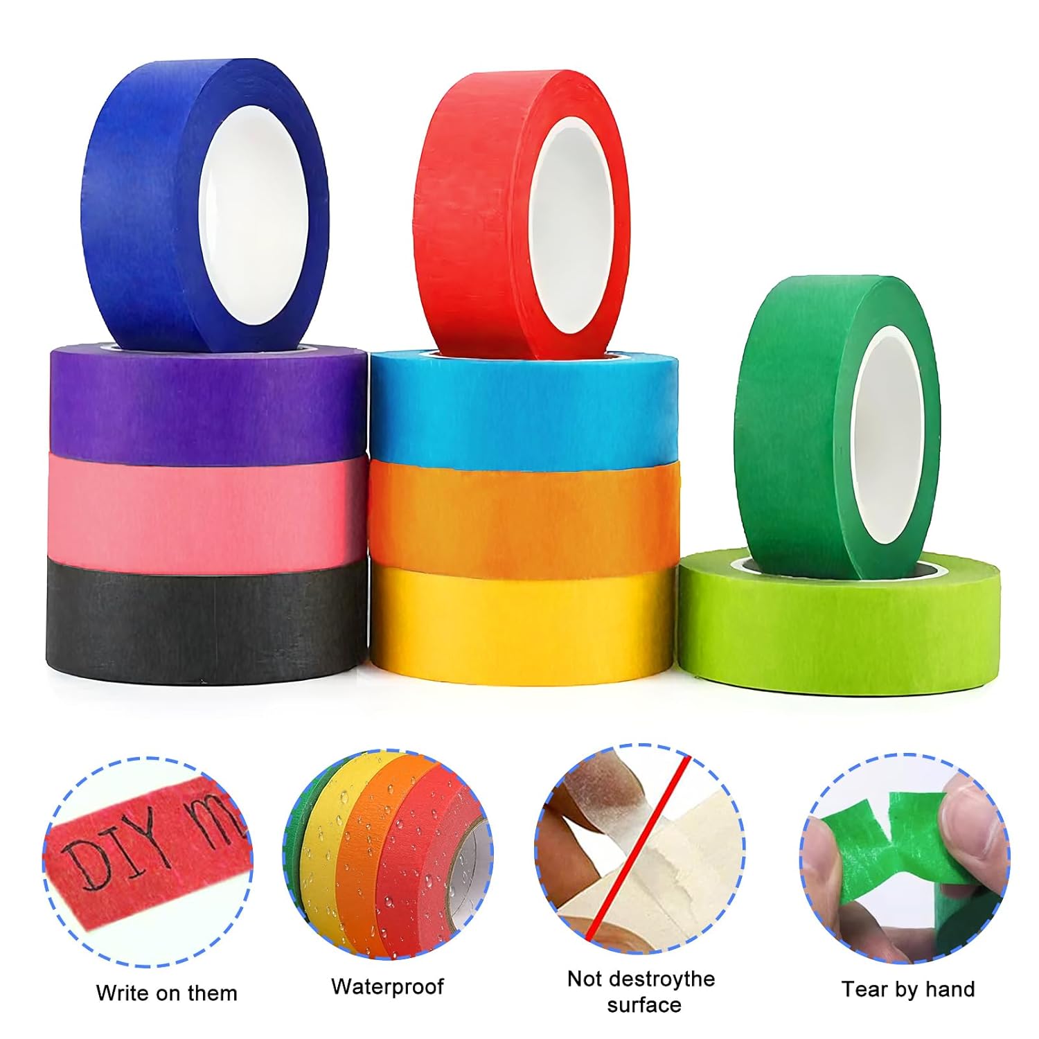 LRCXL Cinta adhesiva de colores, 10 rollos  1 pulgada x 327 pies de cinta para pintores de colores del arco iris, cinta de manualidades, cinta de