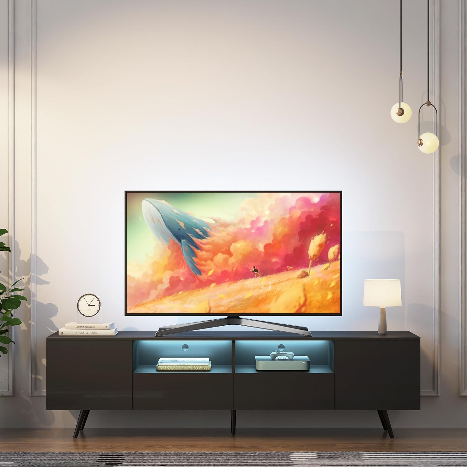 Moderno soporte de TV LED para TV de hasta 55, 60, 65 pulgadas, centro de entretenimiento de alto brillo con cajón y estantes abiertos, gabinete de
