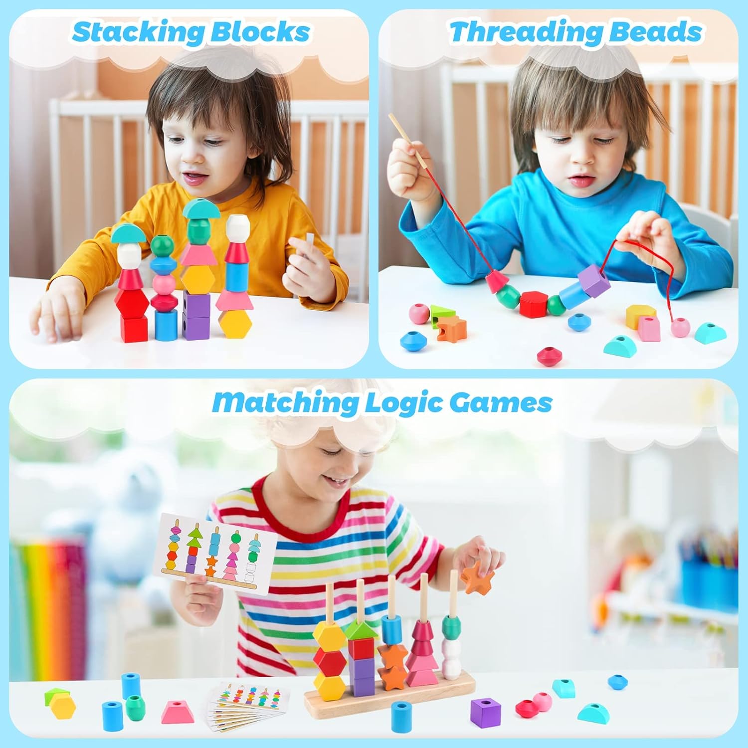 Educational Montessori Toy Set – Wooden Beads Sequencing, Stacking Blocks, Lacing Beads & Shape Stacker – STEM Learning for 3 4 5 Year Olds for Kids!