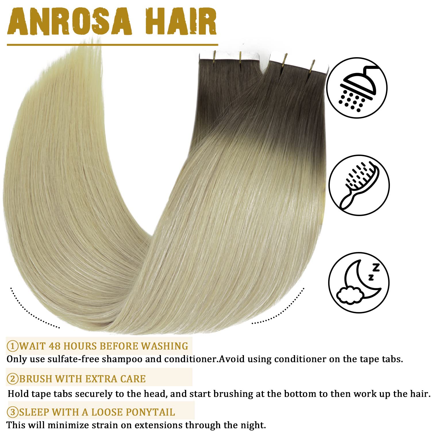 Anrosa Extensiones de cabello humano con cinta adhesiva, 14 pulgadas, color marrón ceniza a rubio, extensiones de cabello humano Remy, extensiones