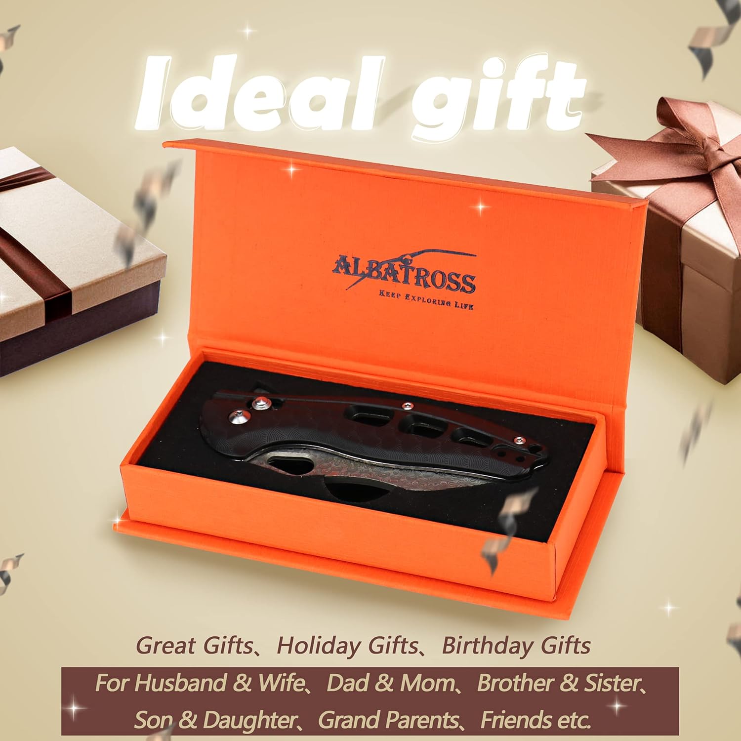 ALBATROSS Cool Flipper Axis Lock – Cuchillo de bolsillo plegable con hoja de acero de Damasco moderna de 3 pulgadas y mango FRN de alta resistencia