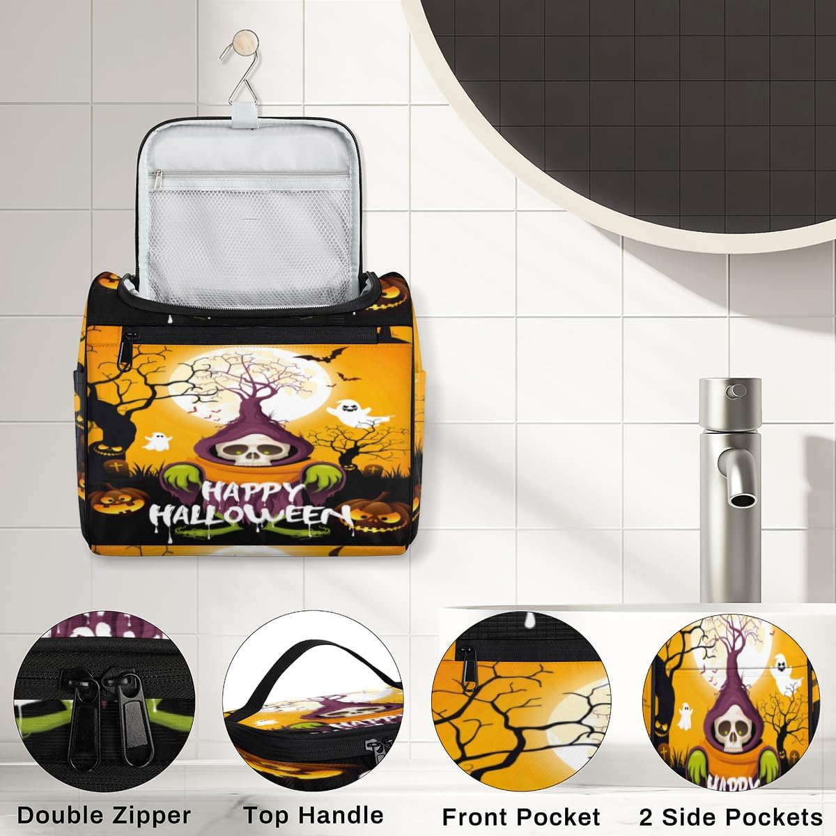 Classic Halloween Style Toiletry Bag for Women Travel Makeup Organizer with Hanging Hook Traveling Cosmetic Bags for Toiletries Accessories