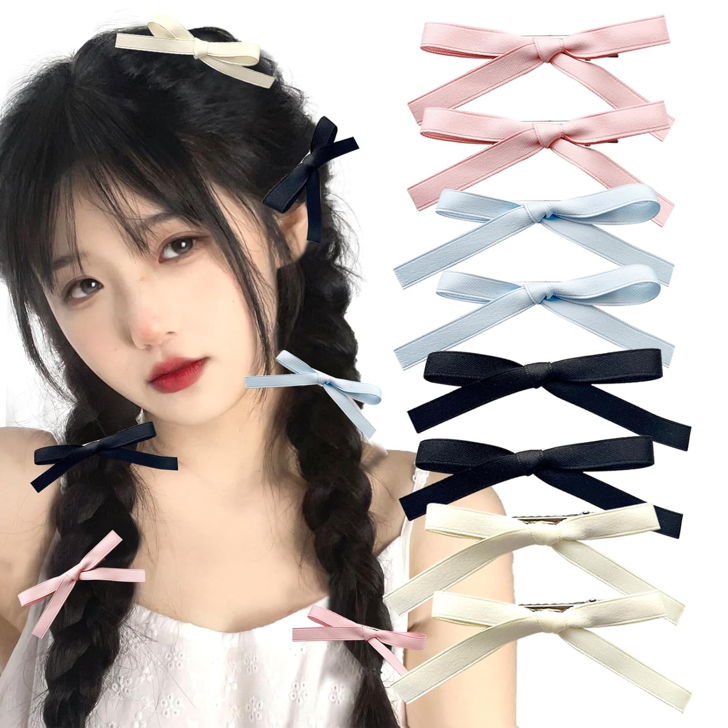 8 pinzas para el cabello para mujer, lazos de satén con lazo, bonitos lazos para el cabello, accesorios para el cabello de color sólido para mujer