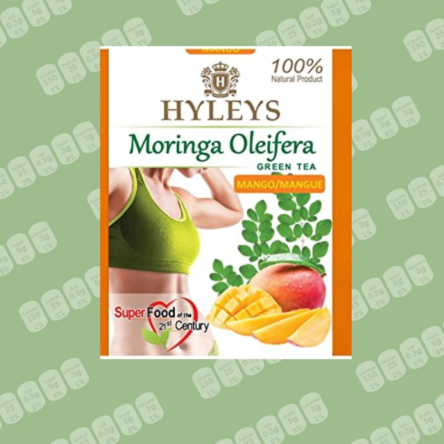 Hyleys Moringa Oleifera y té verde con sabor natural a mango – 25 bolsas de té (té de árbol de milagro)
