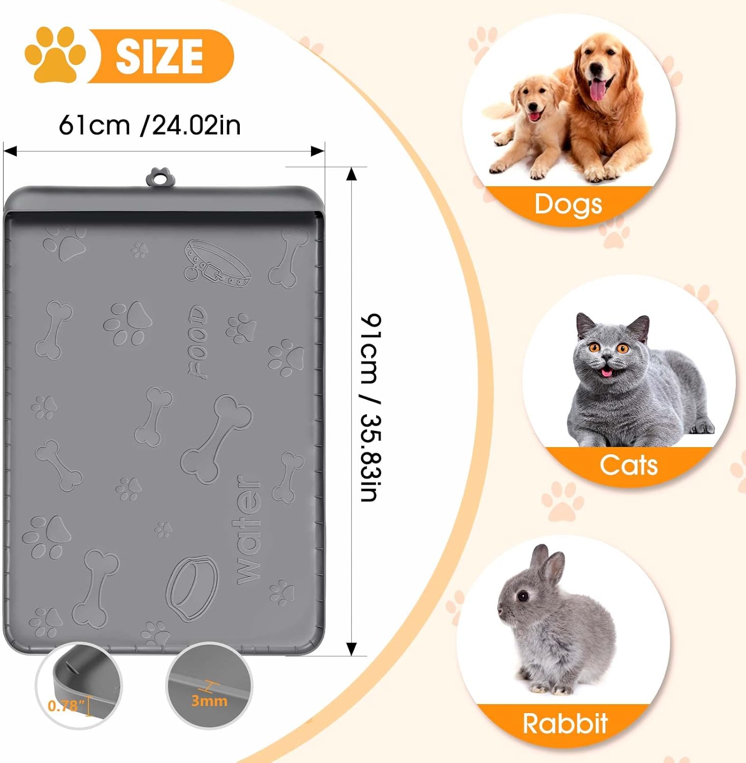 Tapete de comida para perros con bolsillo, tapete de silicona impermeable para alimentos y agua, 36 x 24 pulgadas, tapete de alimentación extra