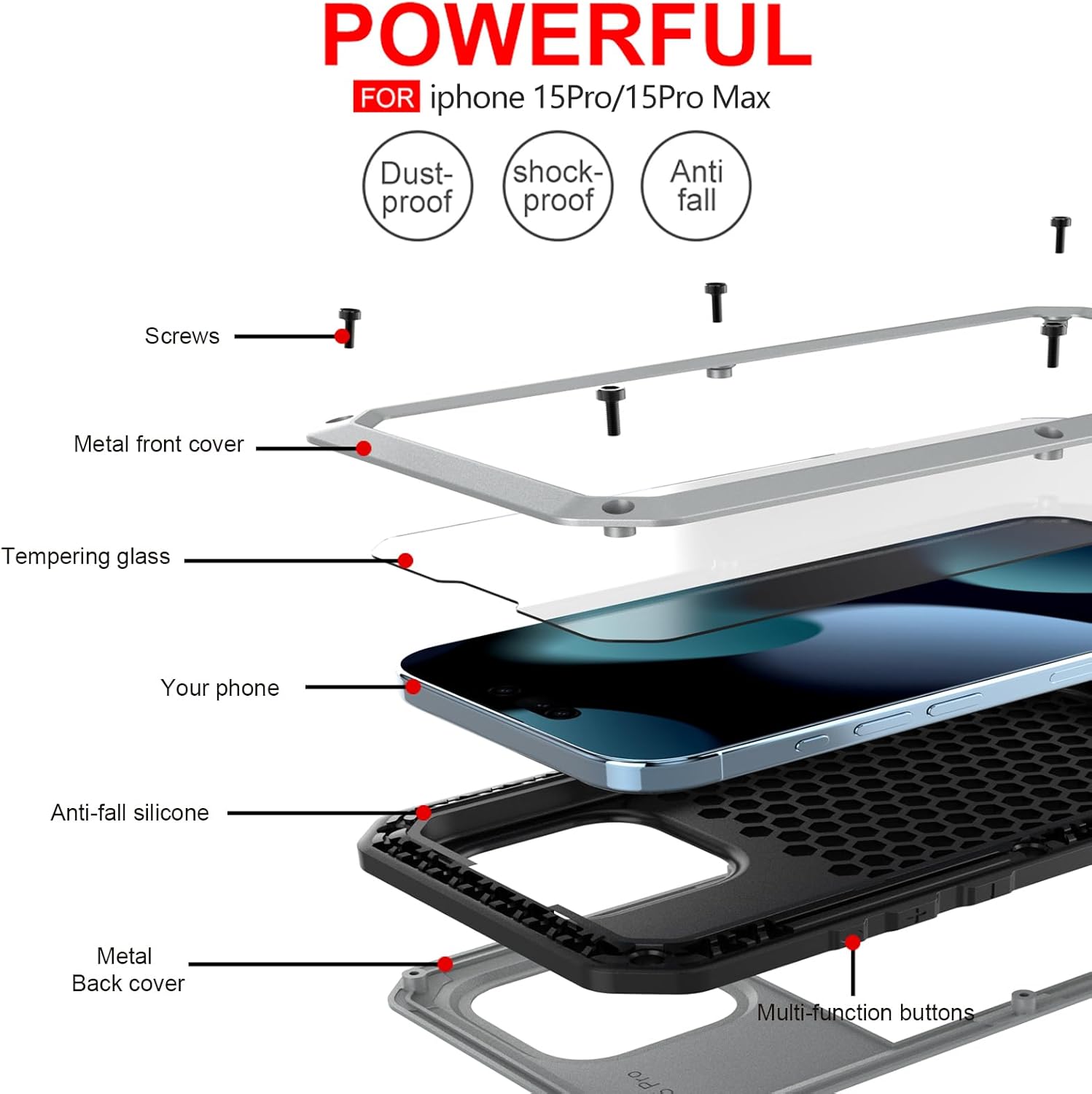 Marrkey Compatible con iPhone 15 Pro Max, funda protectora de cuerpo completo 360, resistente a los golpes Armadura resistente Funda de metal de