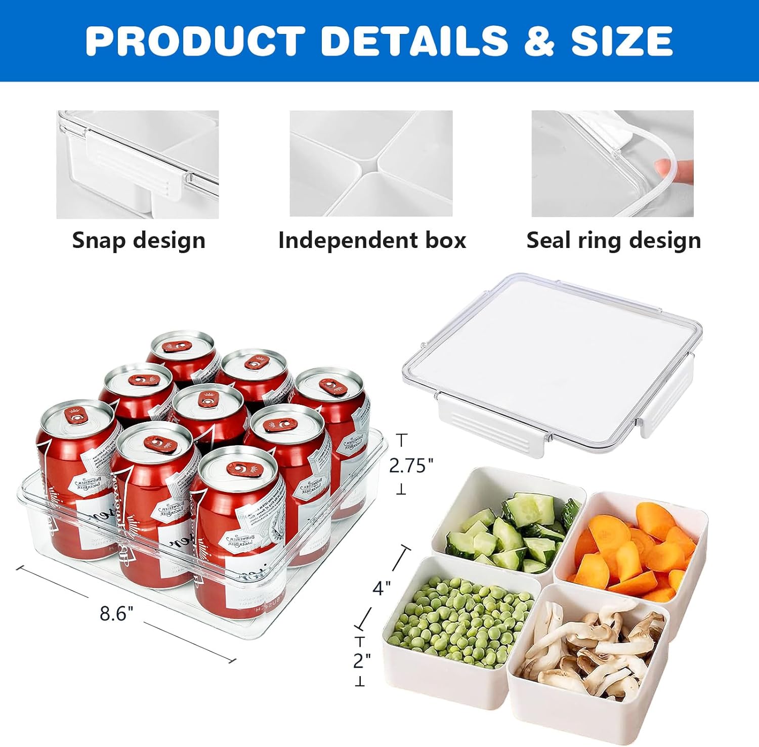 2 Pack Sealed 4 Compartment Snackle Box Container, Divided Food Serving Trays & platters with Lid for Snack, Fruit, Vegetable, Fish, Meat,