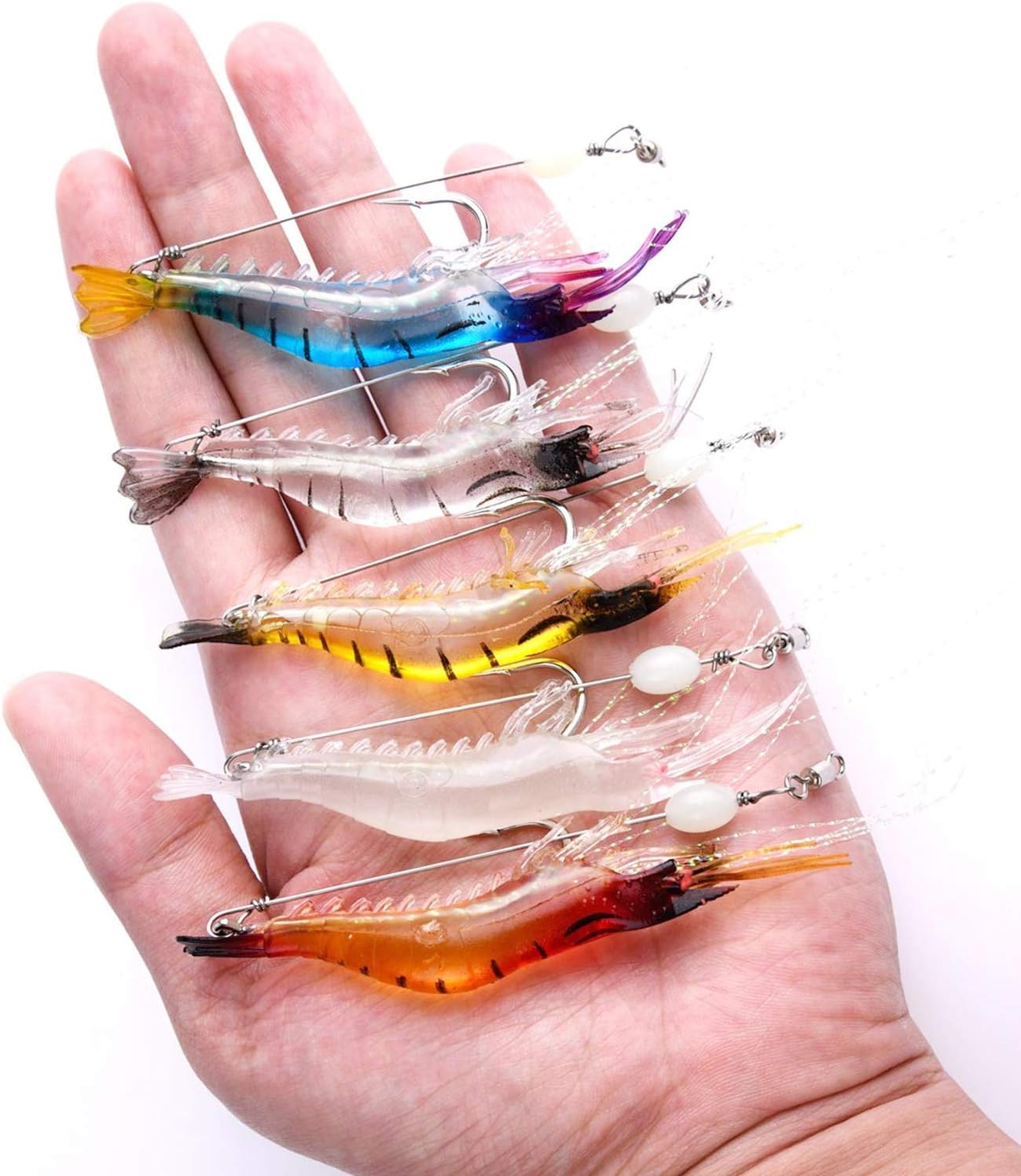 WANBY Señuelos de pesca para camarones de silicona artificial, set de cebo suave luminoso Swimbait Señuelo de pesca con ganchos, aparejos de pesca