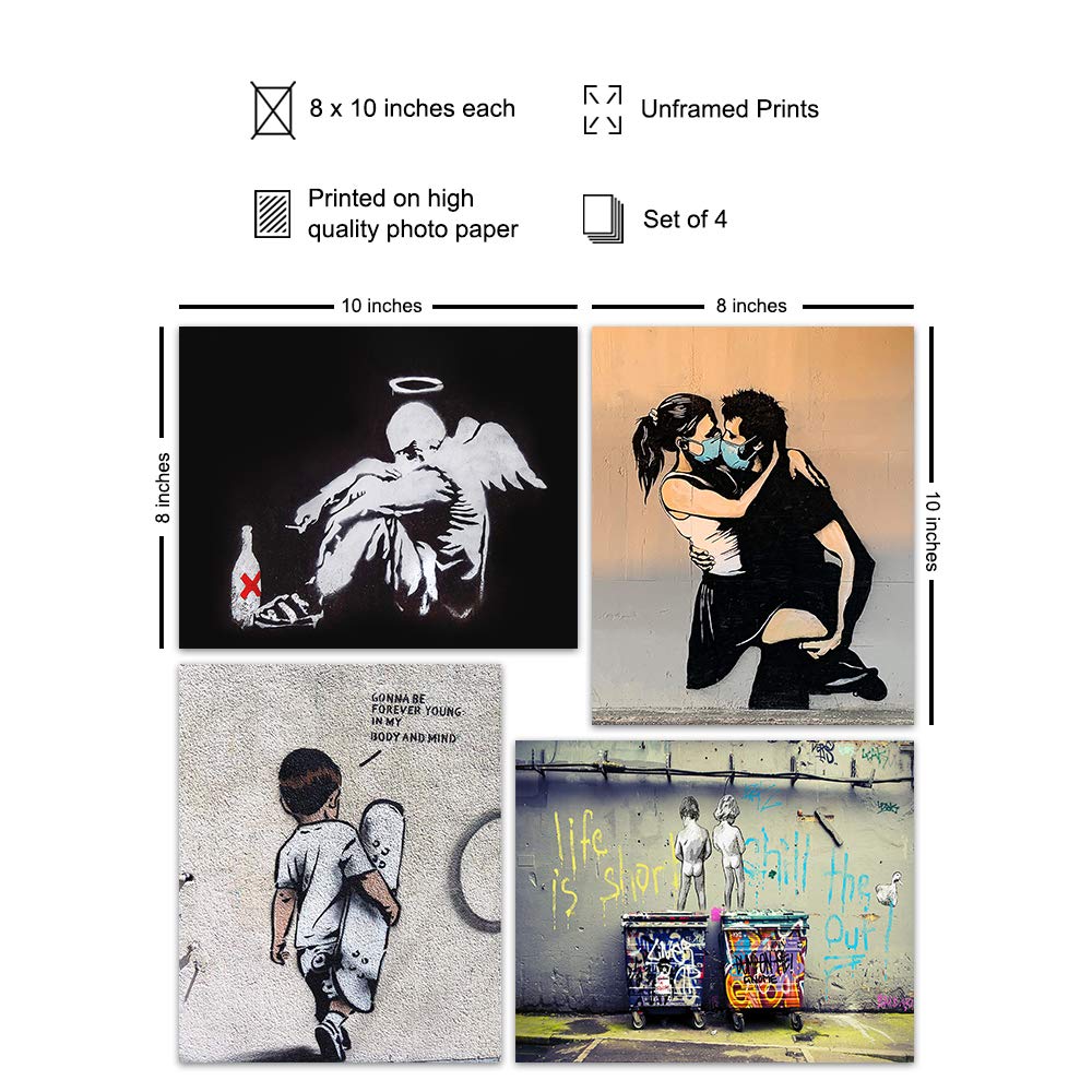 Banksy Posters Set – 8×10 Urban Graffiti Wall Art – Wall Mural Set – Mural Wall Art – Fallen Angel, Forever Young – Teen Room Decor – Dorm Wall