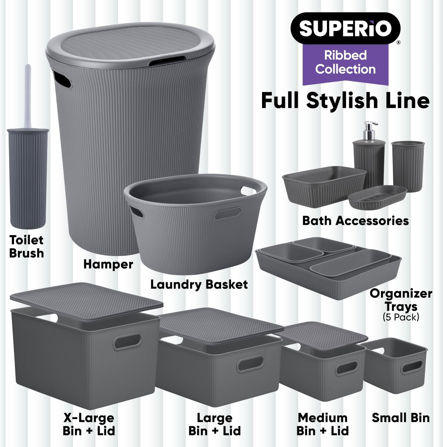 Superio Ribbed Collection  Canastas organizadoras de plástico decorativas abiertas para el hogar, pequeñas cajas de contenedores grises (paquete de