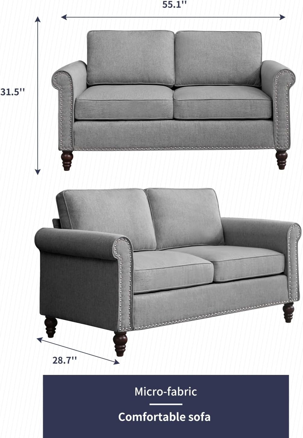 Sofá biplaza, sofá gris claro para sala de estar, sofá moderno de mediados de siglo con marco de madera maciza y 4 patas en forma de calabaza, sofás