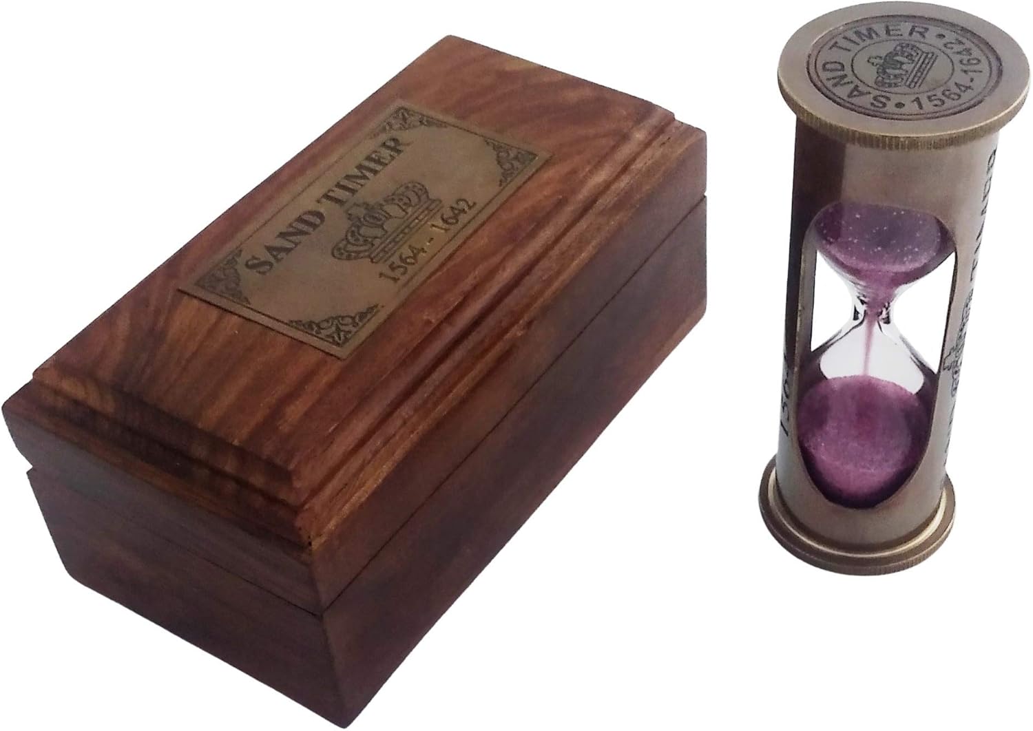 Temporizador de arena roja de latón marrón antiguo de 3.5 pulgadasreloj de arena en caja de madera  Regalo marítimo