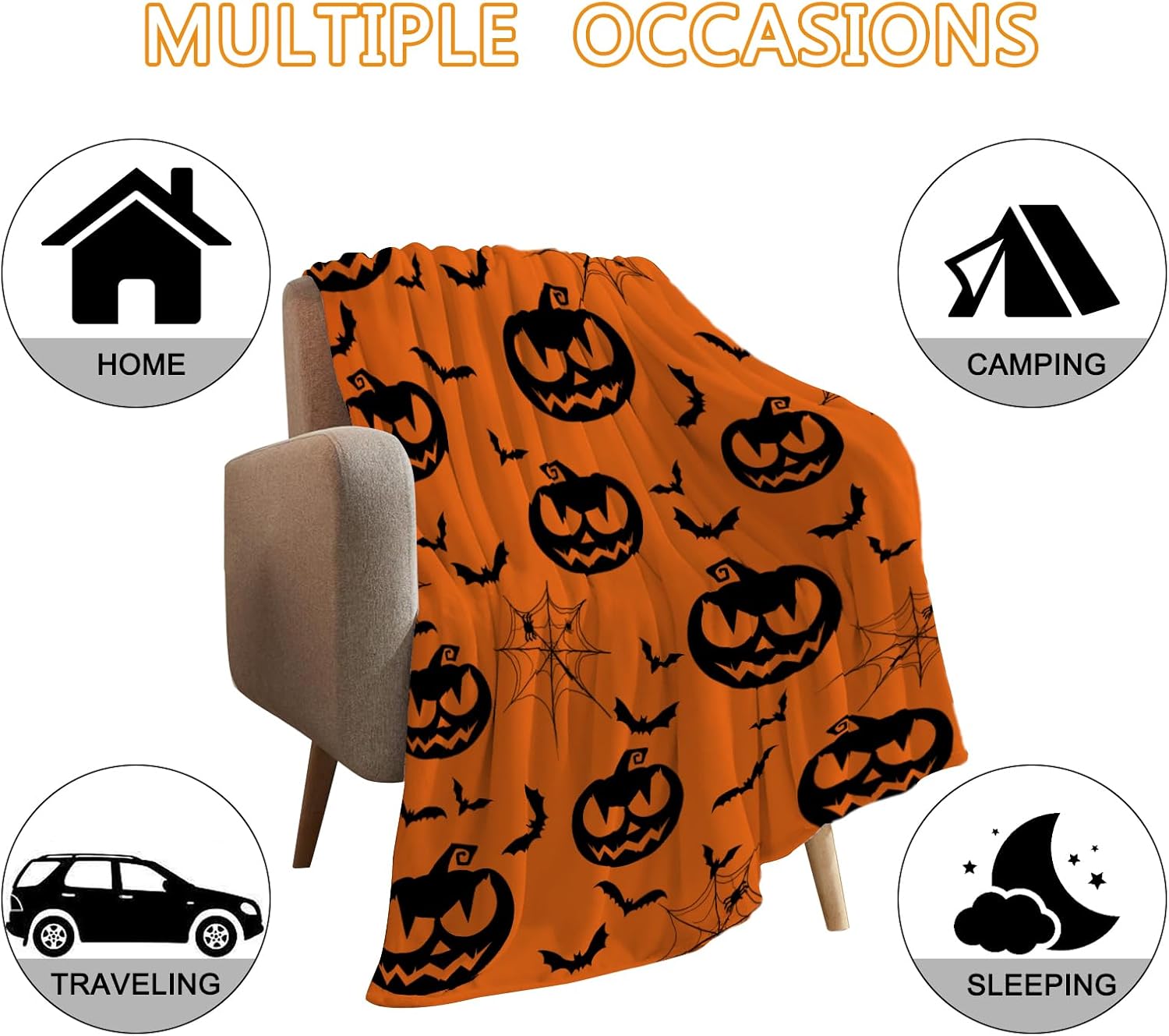 YeeJu Manta de Halloween tamaño individual, color naranja, espeluznante calabazas, para sofá, cama, para exteriores, para Halloween, acogedora,