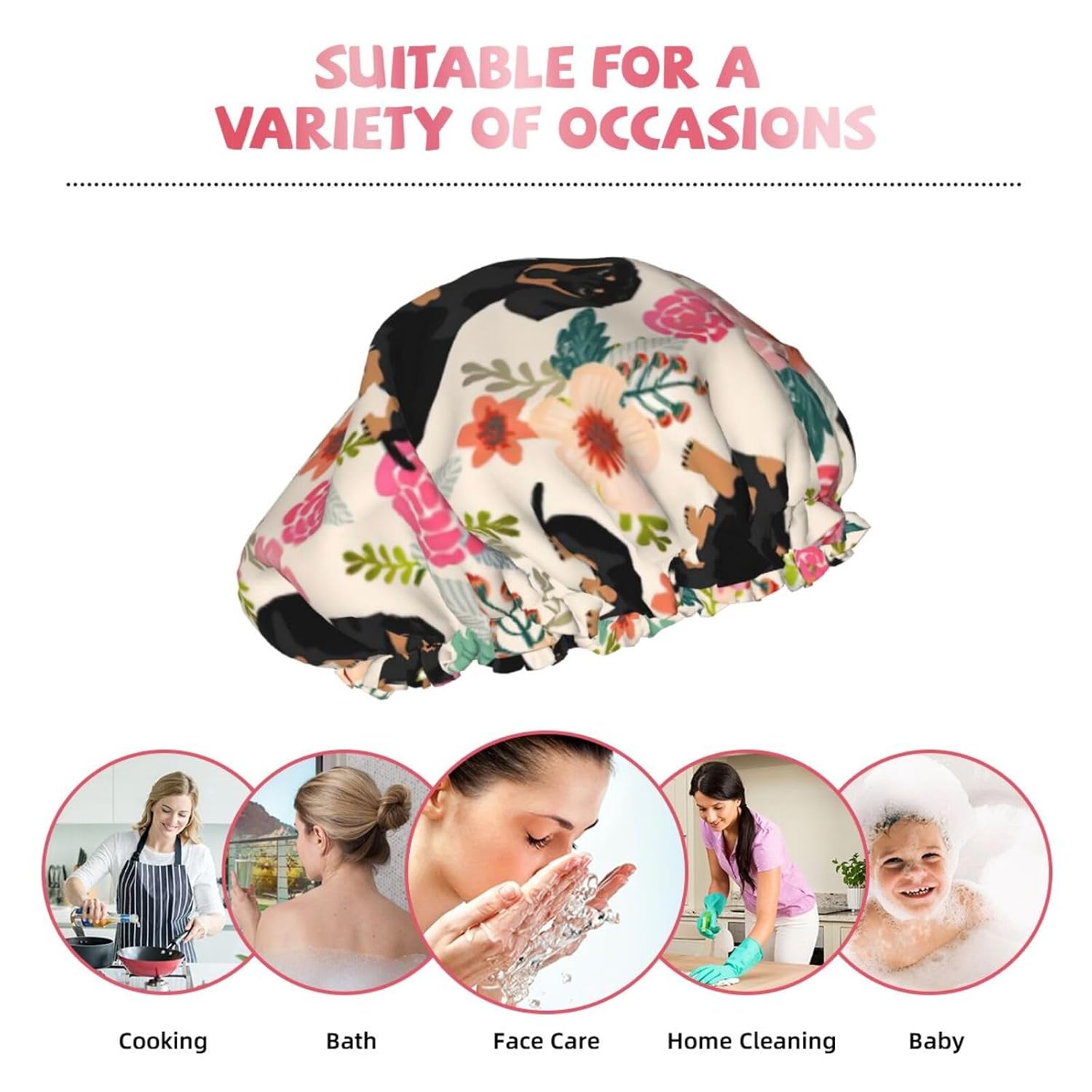 Gorro de ducha floral para mujer, elástico y reutilizable, doble capa impermeable
