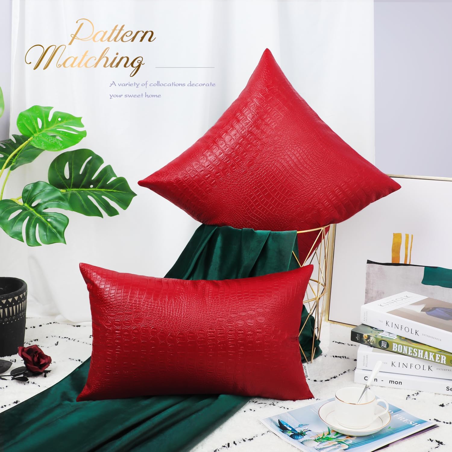 Juego de 2 fundas de almohada BRAWARM para sofá, decoración del hogar, color liso y suave de piel sintética de cocodrilo en ambos lados.