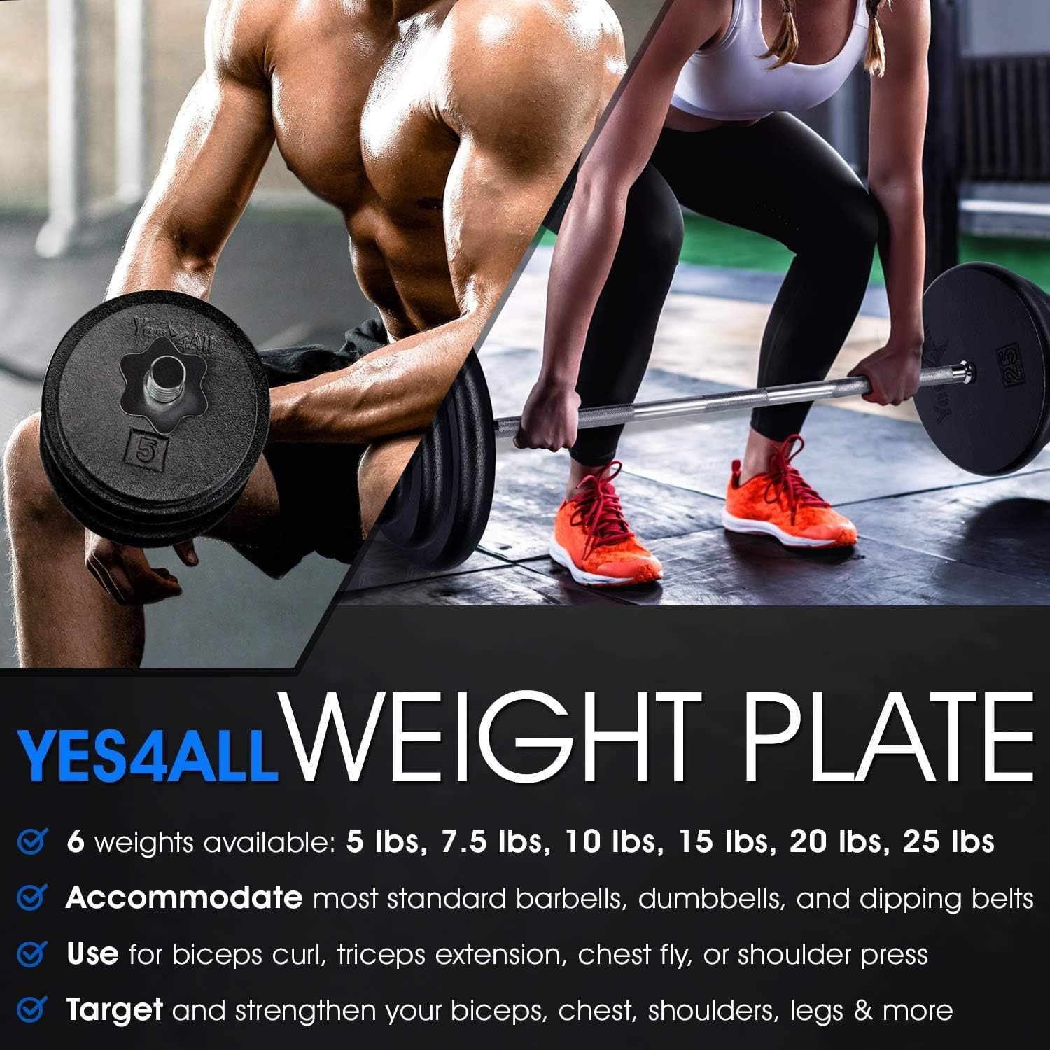 Yes4All – Platos de peso estándar de hierro fundido de 1, para 5, 7.5, 10, 15, 20, 25 libras (individual y par)