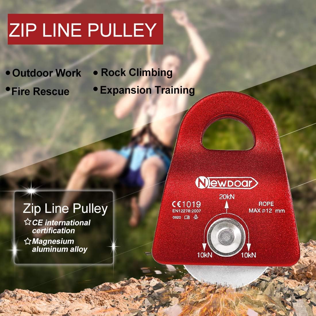 NewDoar Micro Mobile Single Polea, 20kN (4500 lb) Max Rope 12 in para aparejos arboristas escalada rescate, certificado CE