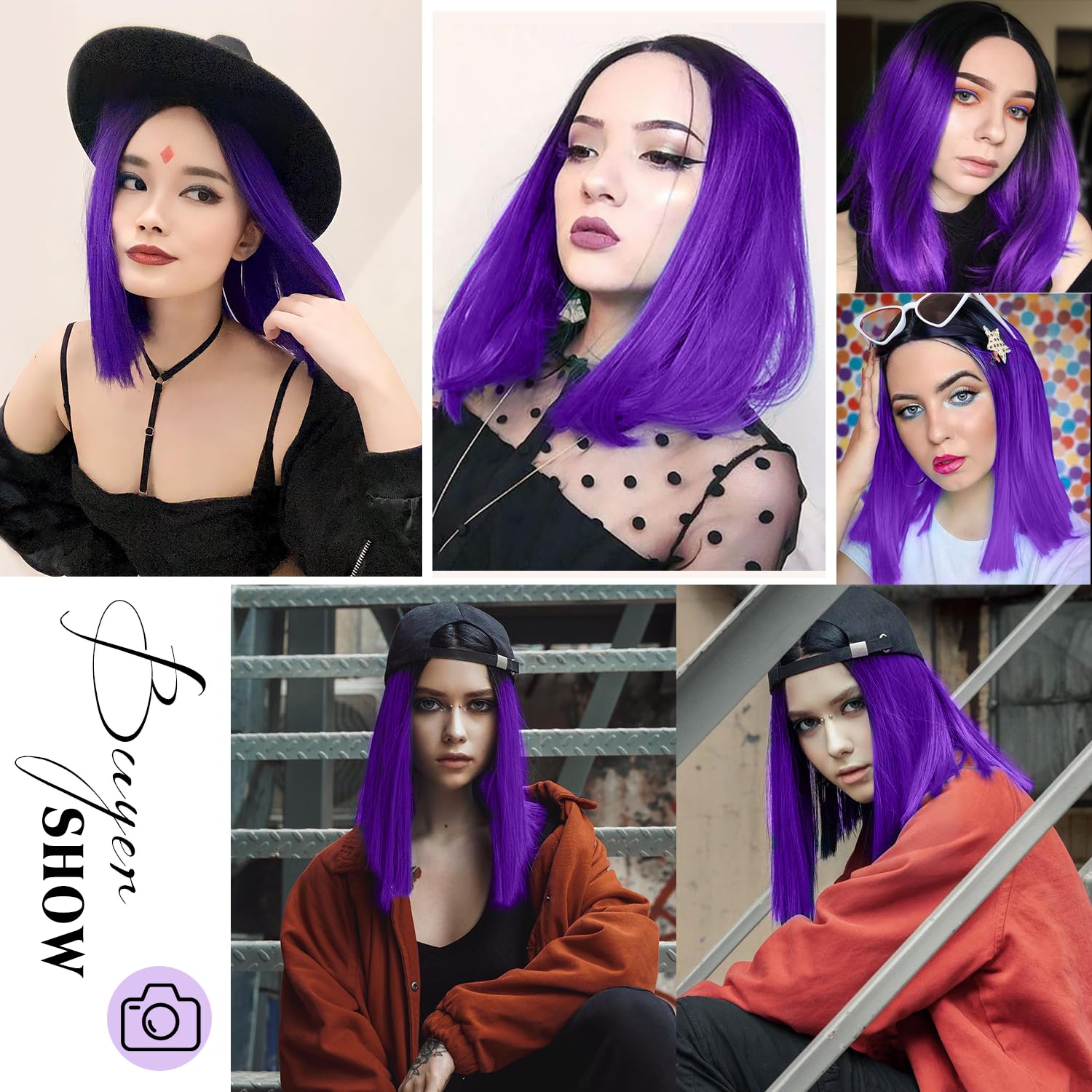 Fancy Hair Peluca de color morado corto y recto, parte media, longitud al hombro, raíces oscuras moradas, pelucas sintéticas naturales para mujeres,