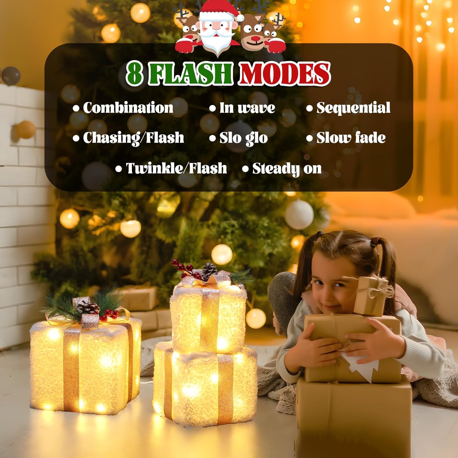 Decoraciones de Navidad para interiores, cajas de regalo iluminadas de Elegear Navidad, 8 modos y función de temporizador, juego de 3 cajas de