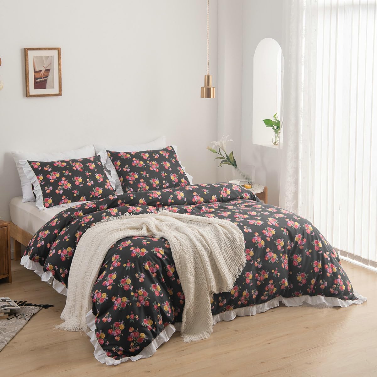 MR.FEATHER Juego de edredón floral Queen, juego de ropa de cama negro de 3 piezas de microfibra suave y duradera con elegantes juegos de estampado
