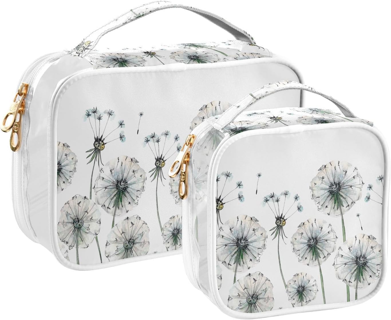 ZOEO Estuche de viaje transparente, paquete de 2 bolsas de maquillaje, dientes de león, flores, neceser, cosméticos, portátil, organizador portátil
