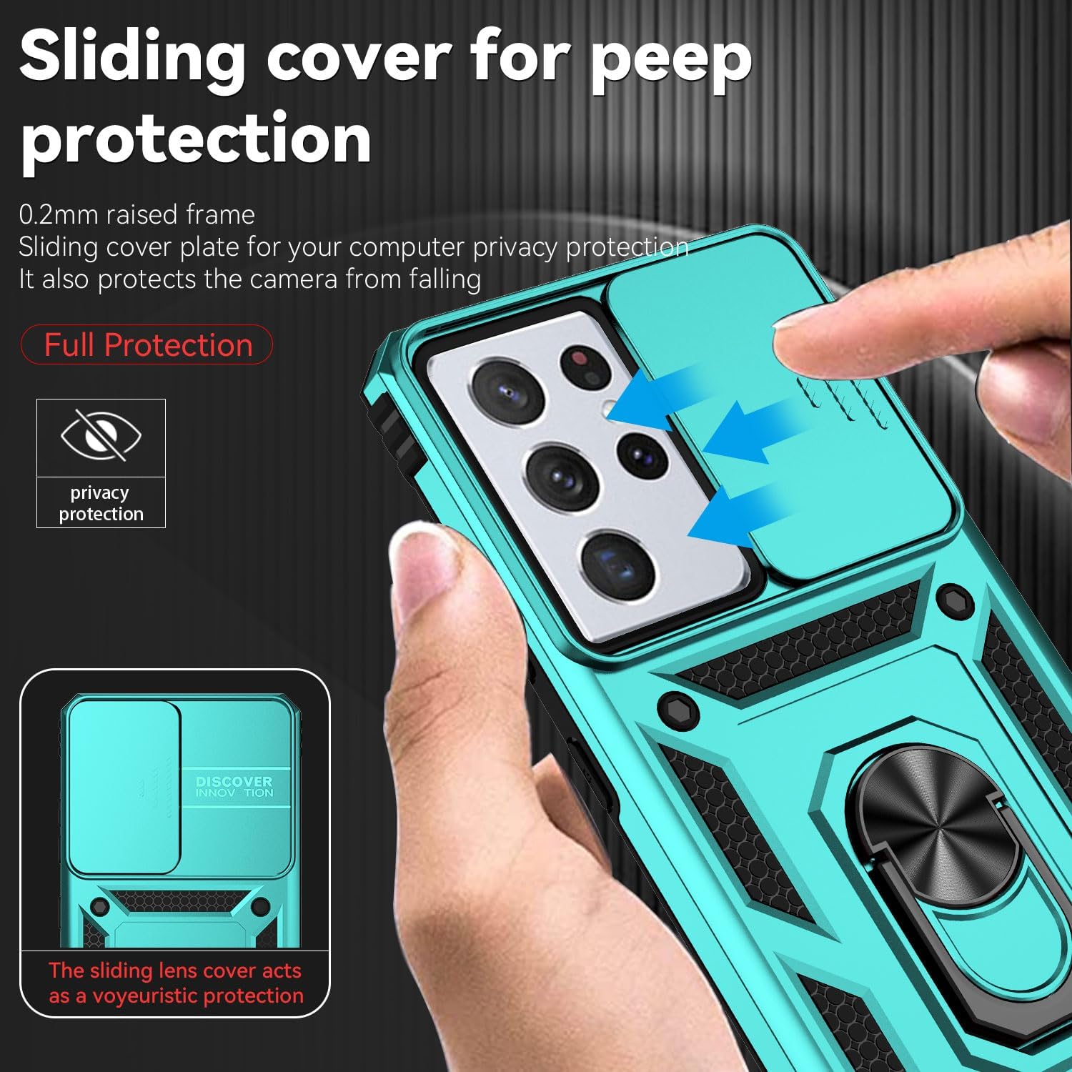 Funda para Samsung Galaxy S21 Ultra con cubierta para lente de cámara, protector de pantalla HD, soporte de anillo magnético probado contra caídas