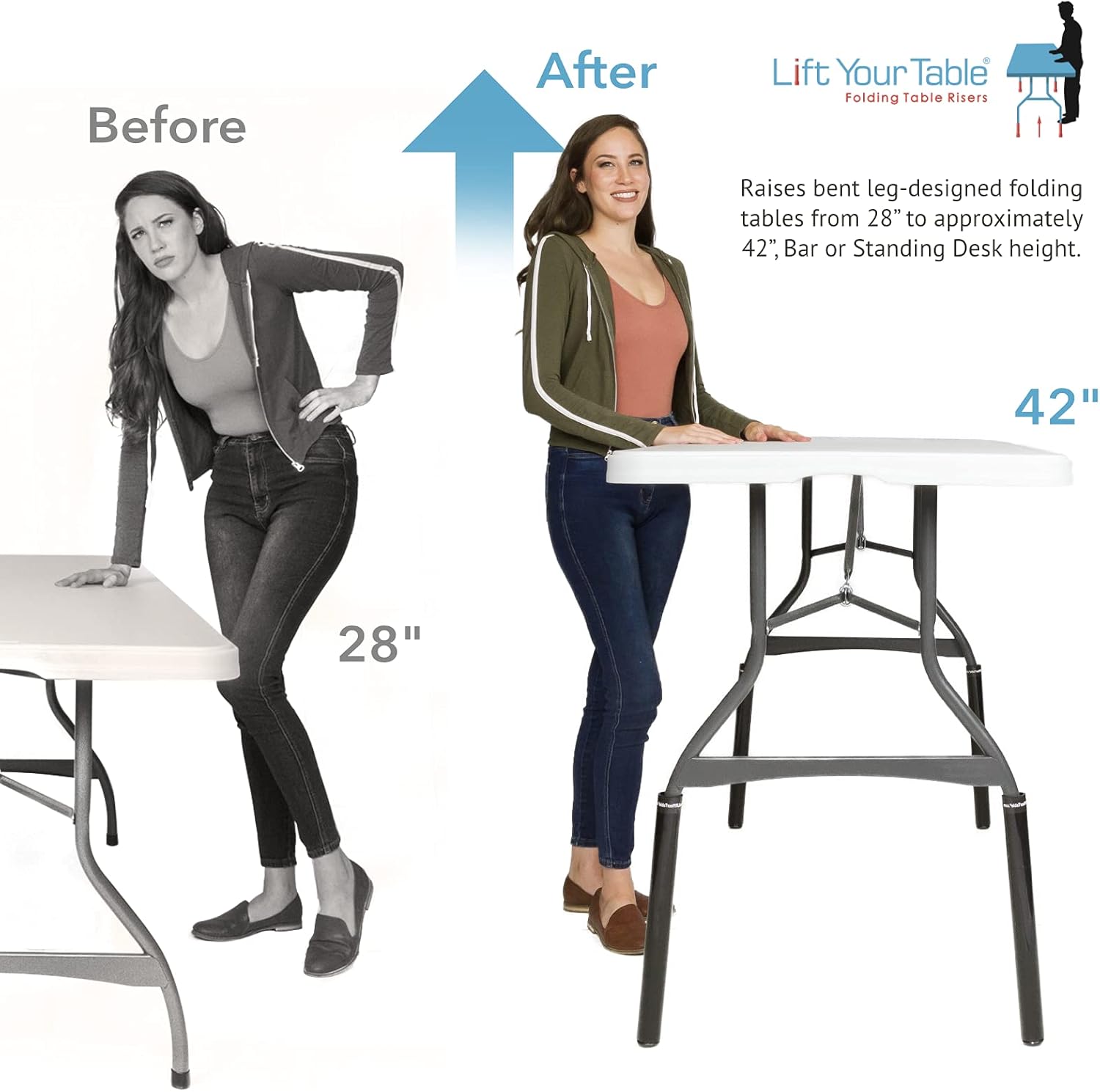 Lift Your Table Elevadores de mesa plegables, fabricados en los Estados Unidos, kit de escritorio de pie, extensiones de mesa plegables de patas