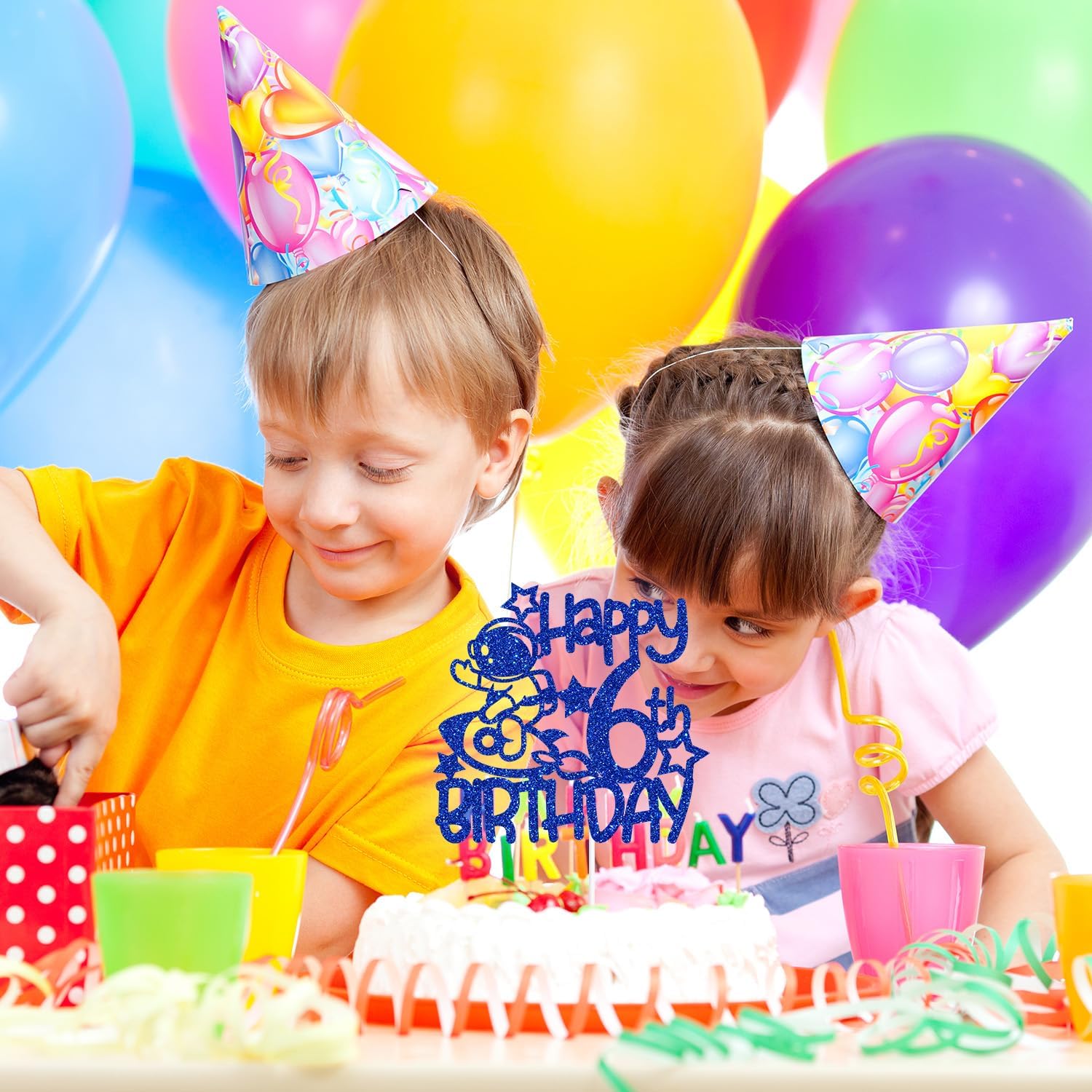 Space Happy 6th Birthday – Decoración para tartas de 6 años, decoración de fiesta de cumpleaños temática de astronautas para niños y niñas