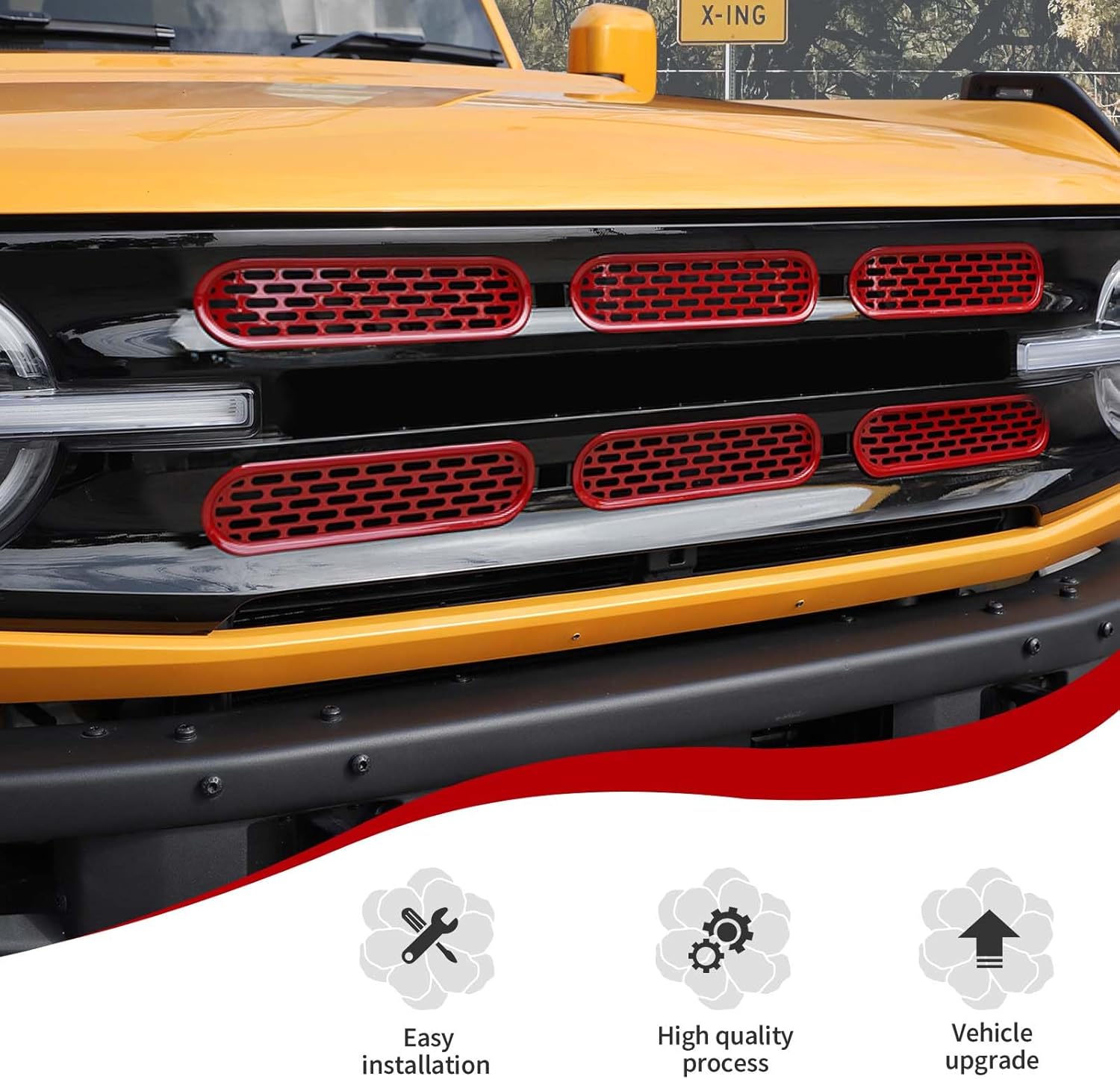 JeCar Insertos de rejilla delantera, marco de rejilla de malla, accesorios exteriores compatibles con Ford Bronco 2021-2023, rojo
