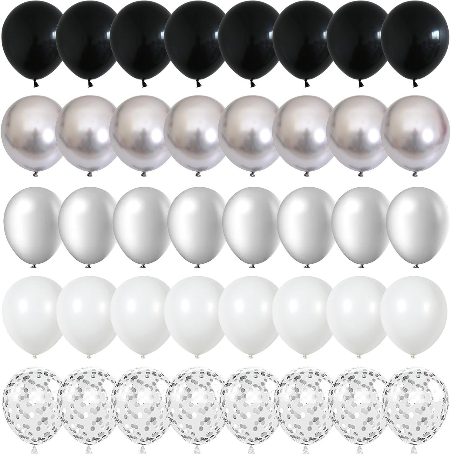 Globos negros y plateados, 60 paquetes de globos plateados metálicos cromados de 12 pulgadas y globos de confeti, globos negros y blancos plateados