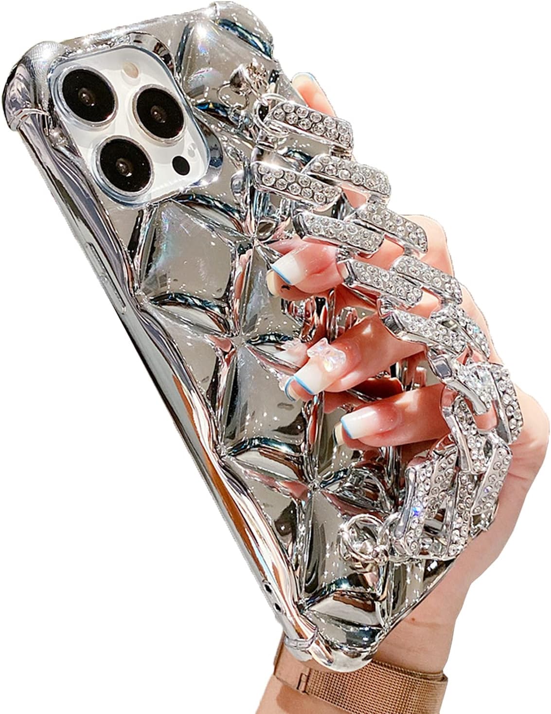 aowner Funda compatible con iPhone 15 Pro, correa de mano de lujo para mujeres y niñas, soporte de muñeca de cristal de diamante con purpurina 3D,
