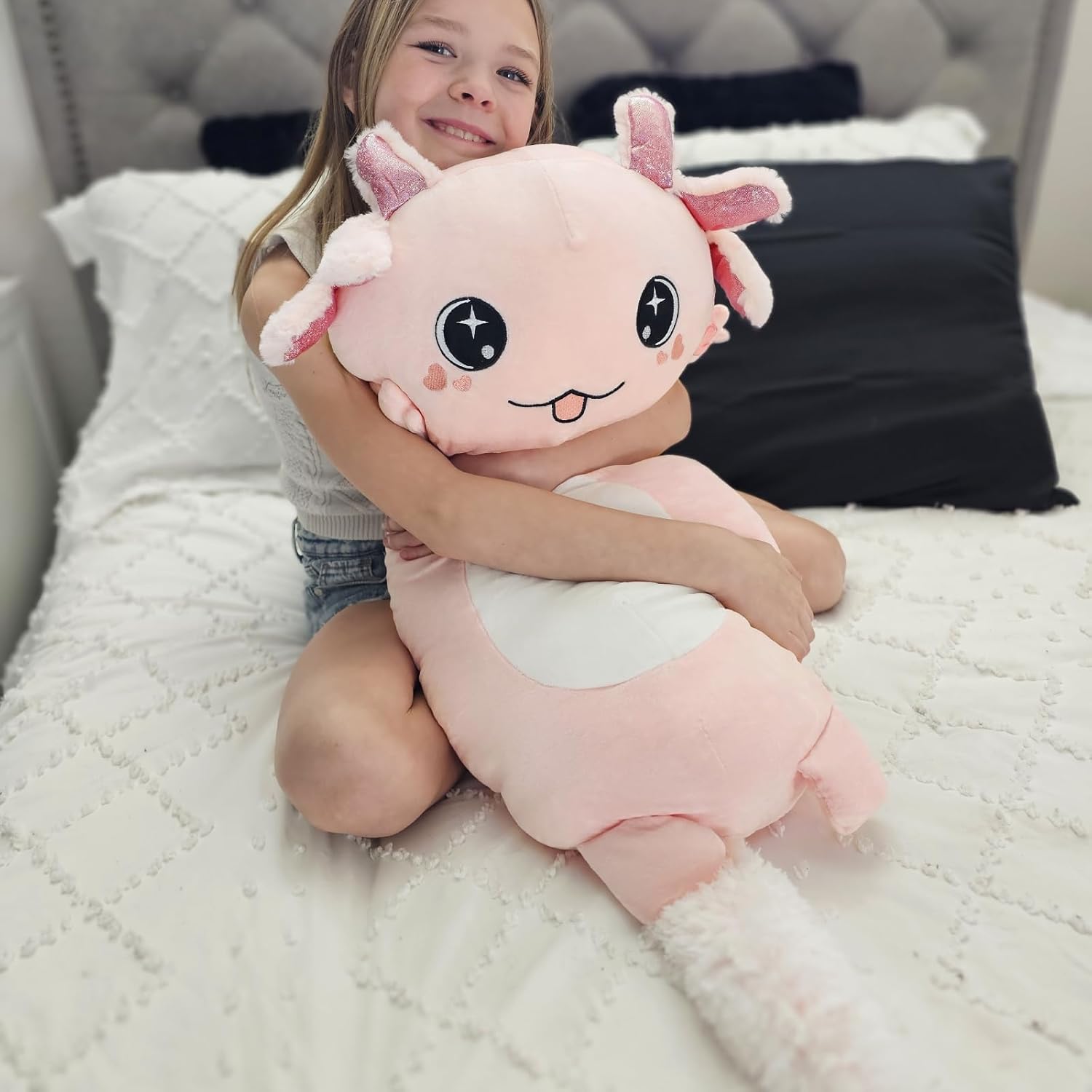Bonita almohada corporal de ajolote rosa, regalo para niñas, 35 pulgadas de largo, almohada de abrazo para adultos, regalo para el día de San