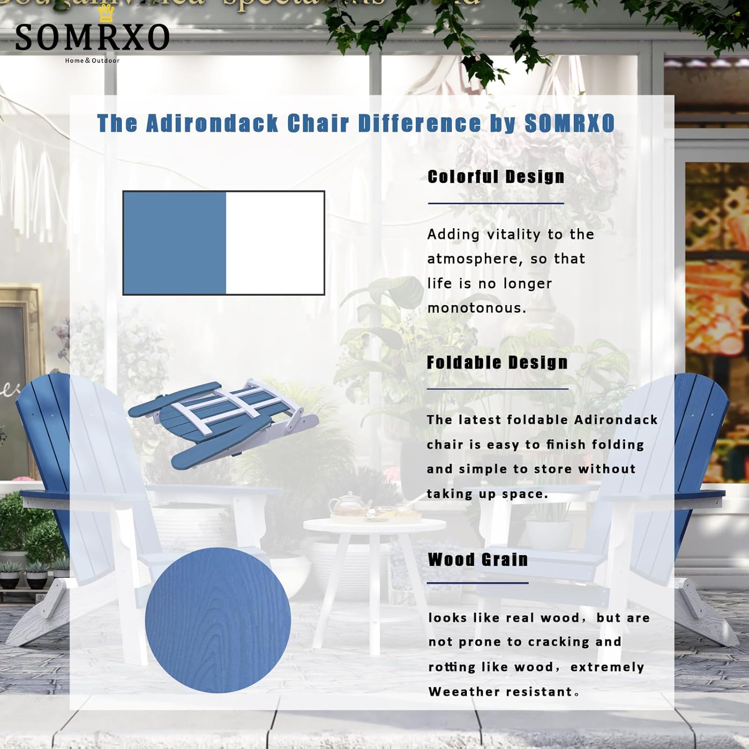 SOMRXO – Sillas Adirondack de plástico con otomana plegable, silla Adirondack plegable con portavasos, silla para hoguera, silla de patio al aire