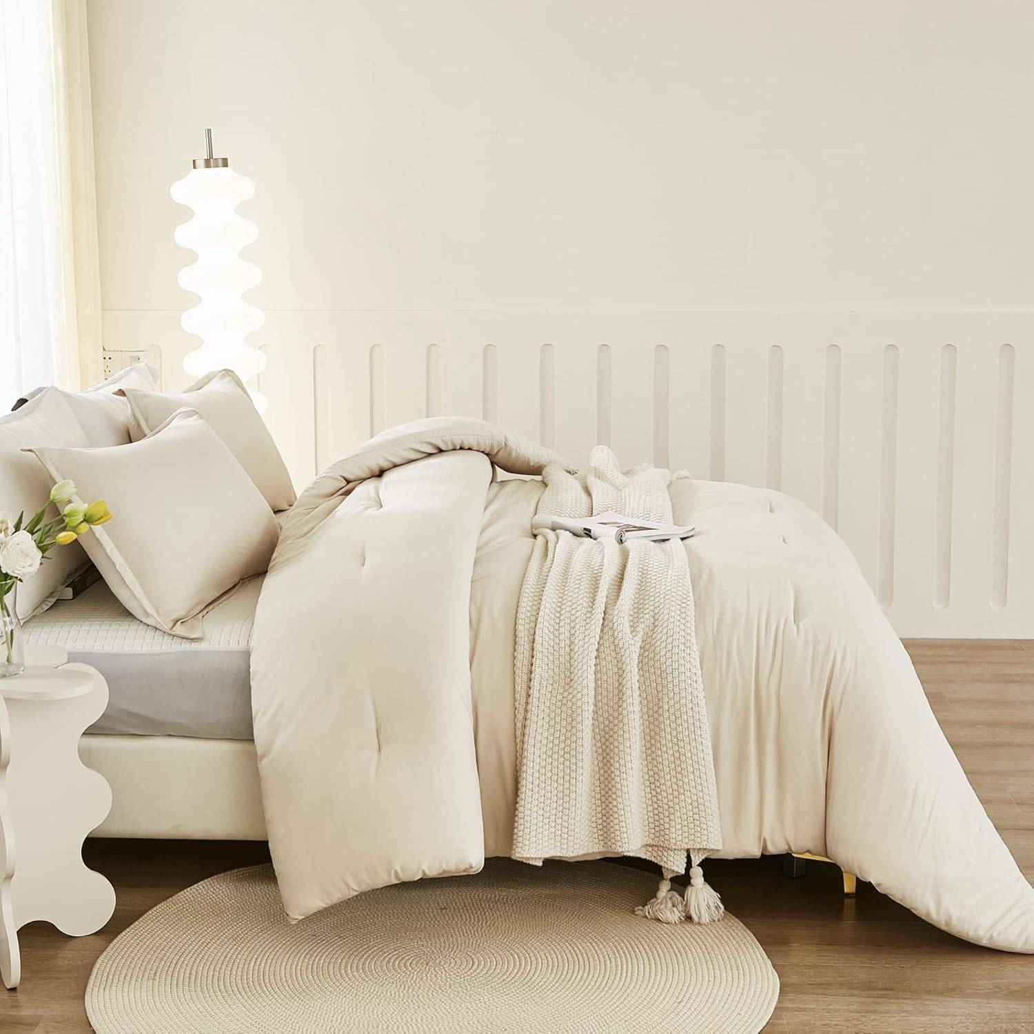 Litanika Edredón de tamaño King, color beige, juego de ropa de cama y colecciones bohemias ligeras de 3 piezas, edredón de plumón alternativo para