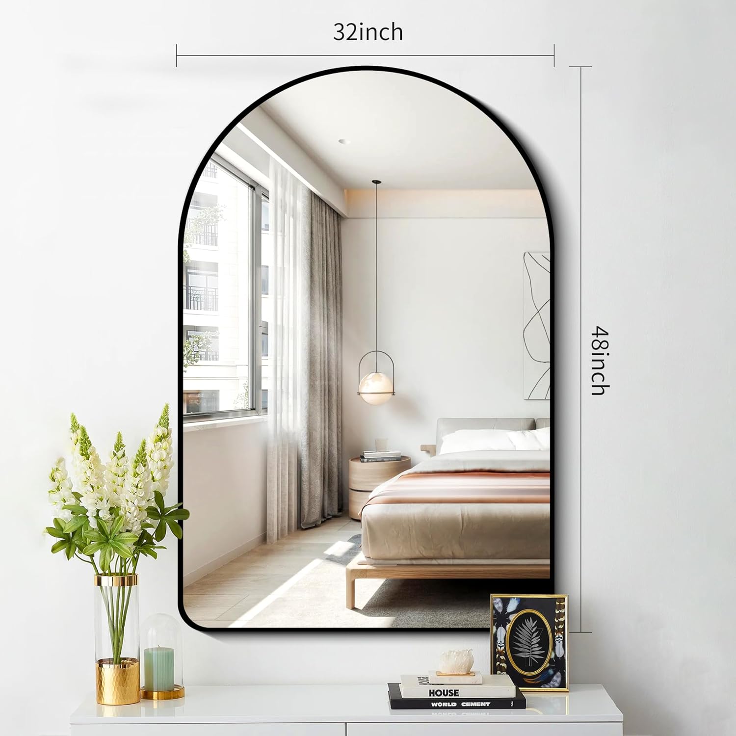 Espejo de pared arqueado, espejo de baño de 32 x 48 pulgadas, moderno marco de aleación de aluminio negro, espejo de tocador grande para dormitorio,