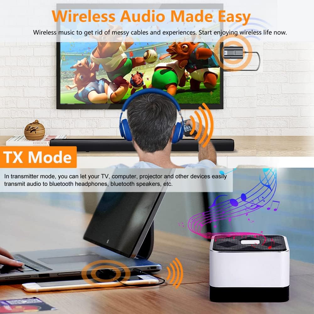 KINDRM – Transmisor receptor auxiliar Bluetooth V5.0, adaptador de audio inalámbrico de baja latencia 2 en 1 alimentado por USB para PC, TV,