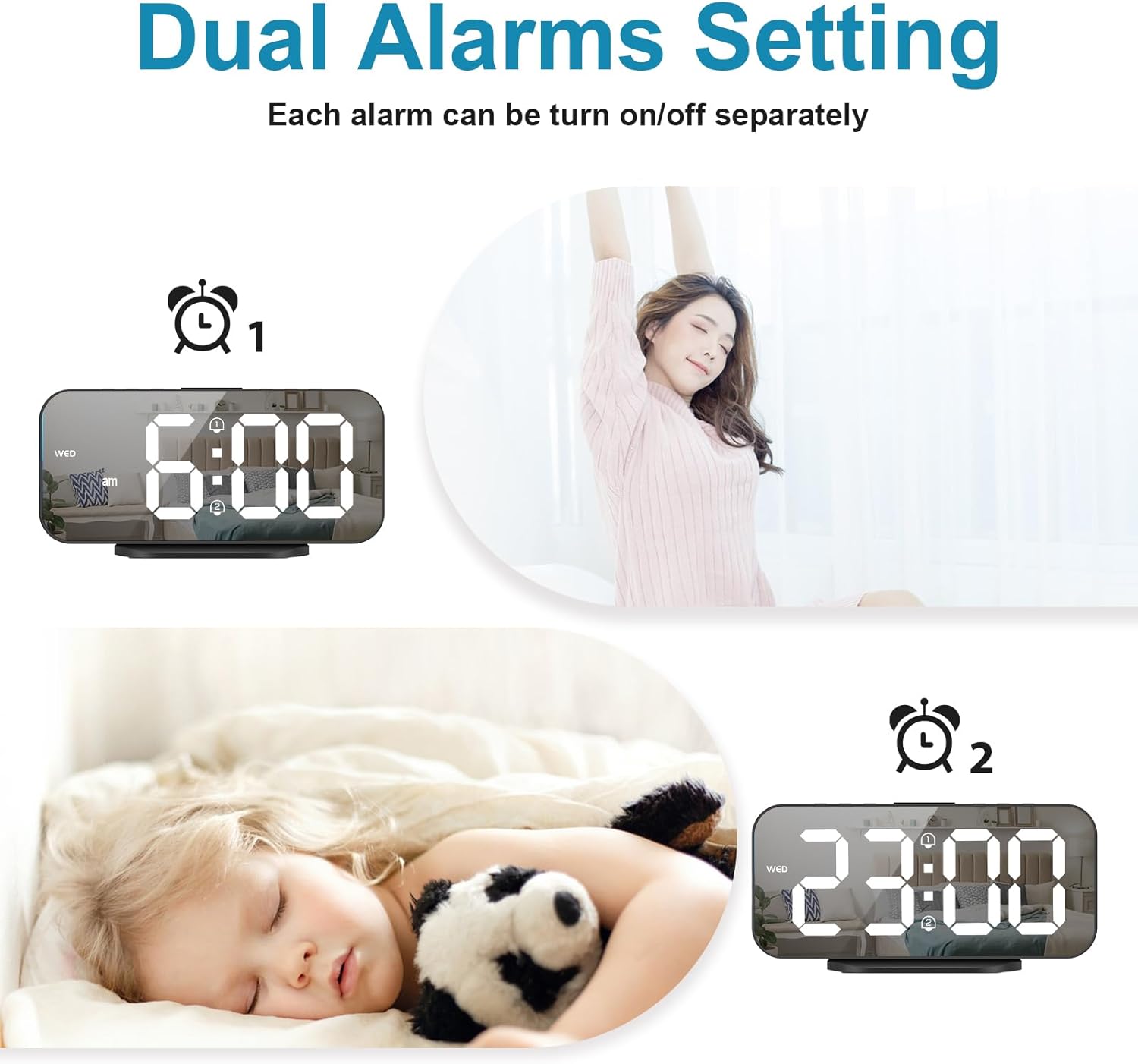 ALANAS Reloj despertador digital con doble alarma, espejo LED reloj despertador para dormitorio para niños, brillo ajustable, repetición, 2 puertos