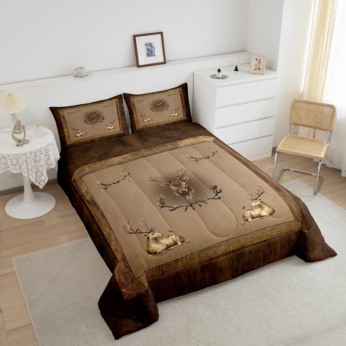 Erosebridal Juego de edredón rústico de ciervo para niños y adolescentes, juegos de ropa de cama vintage de animales de alce tamaño matrimonial,