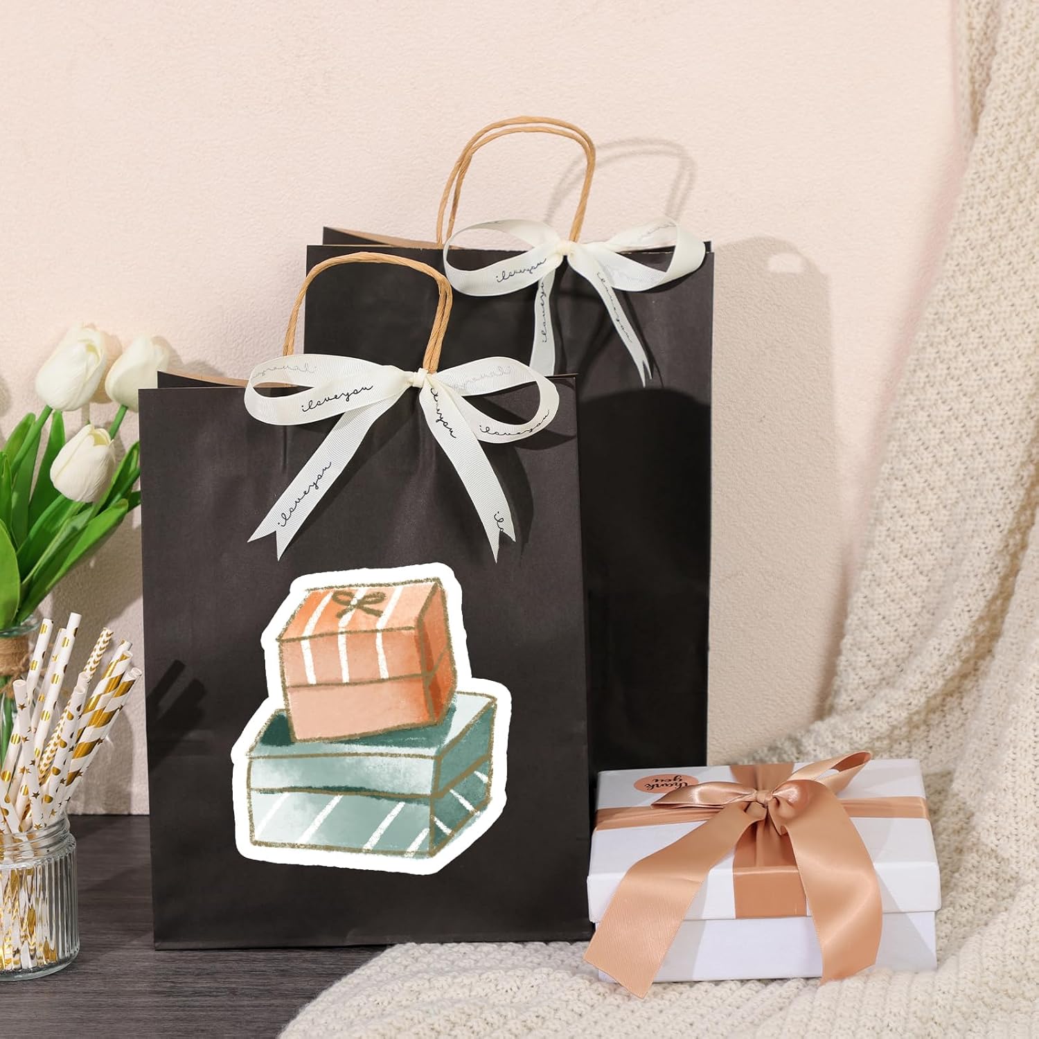 Moretoes 50 bolsas de regalo negras de 10 x 5 x 13 pulgadas, bolsas de papel kraft con asas a granel, bolsas de compras, bolsas de venta al por