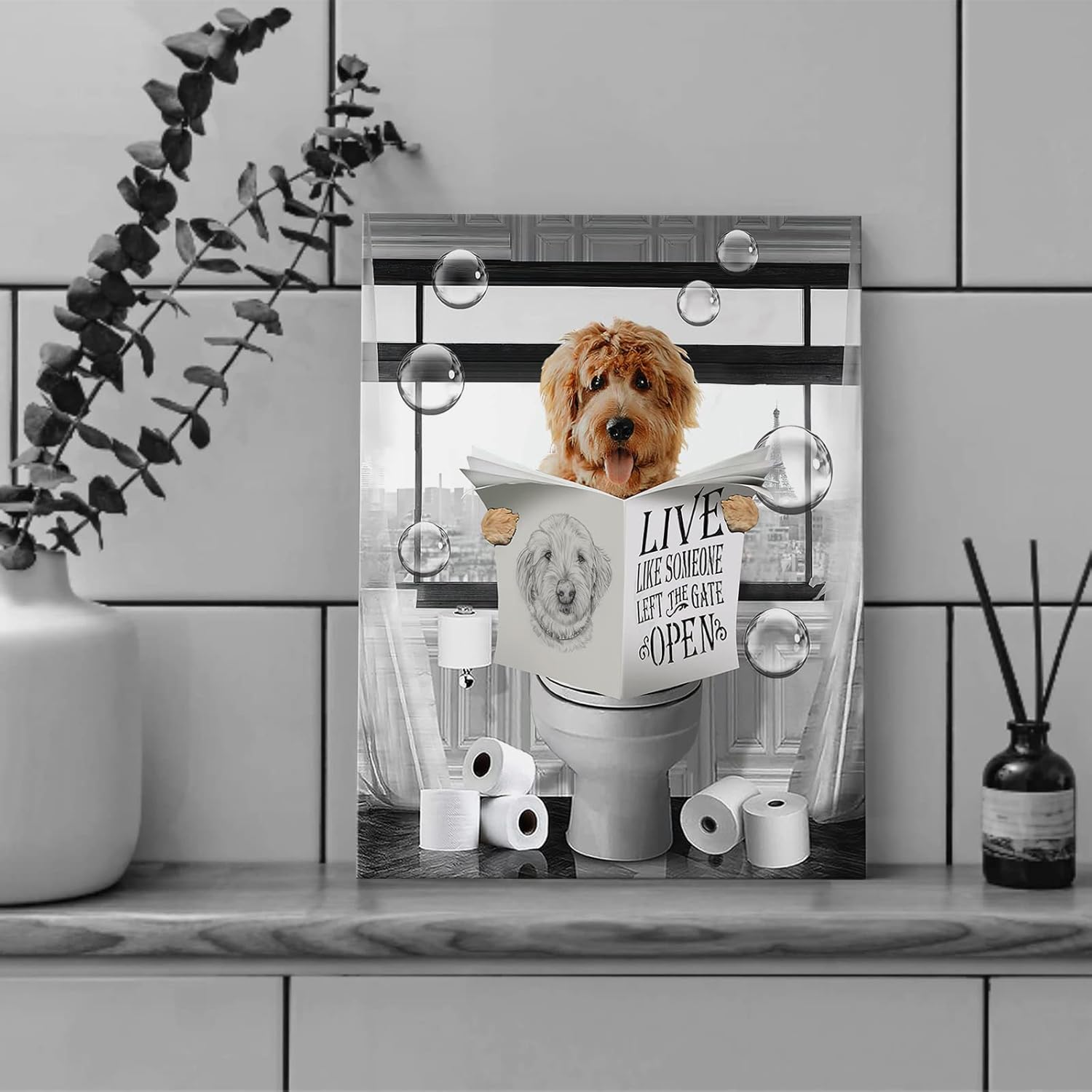 Divertido perro sentado en el inodoro, decoración de baño, arte de pared, cuadros de perros en blanco y negro, pintura de animales para baño, baño,