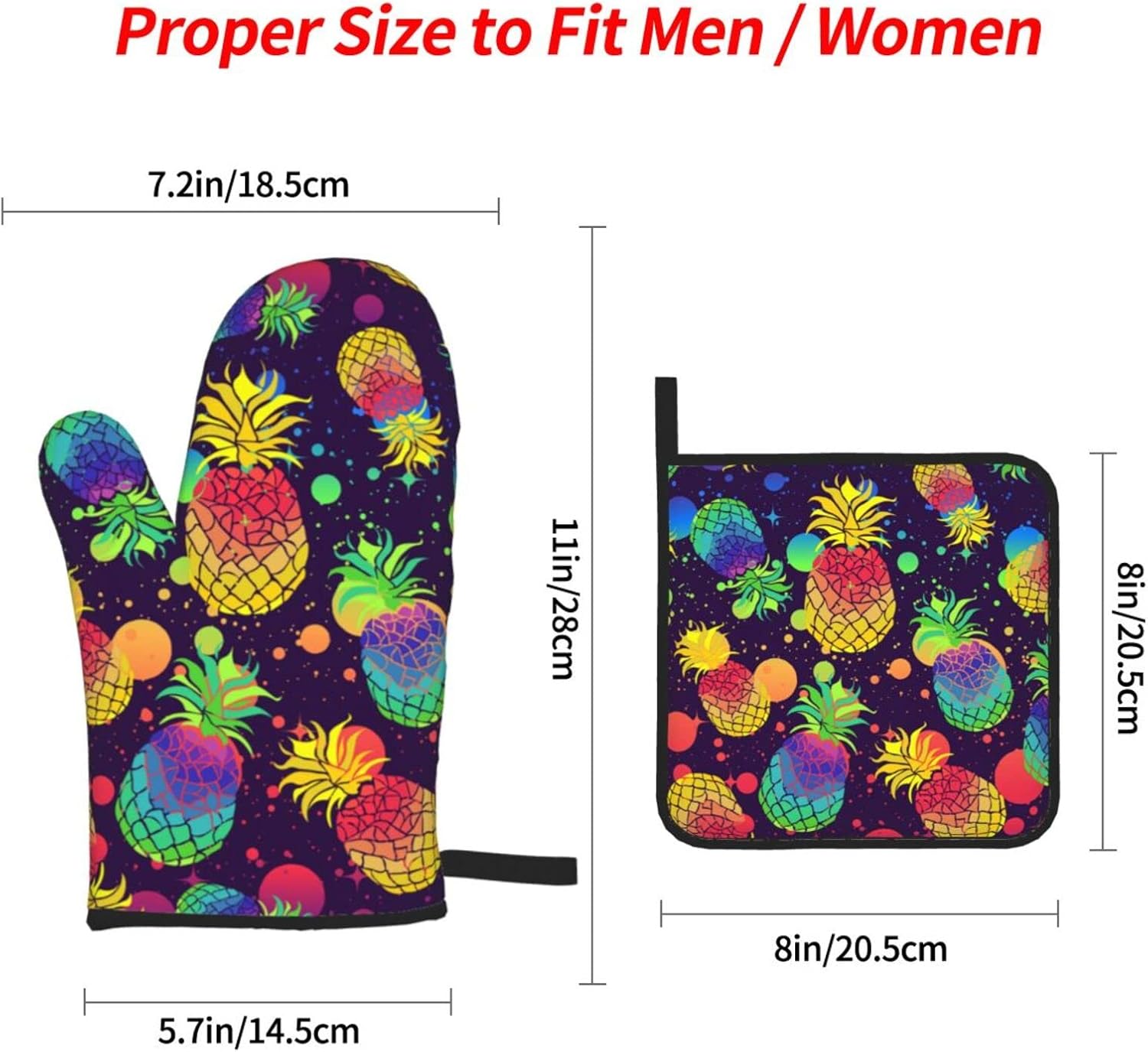 Juego de 4 manoplas de horno y soportes para ollas con diseño de piñas coloridas, guantes resistentes al calor para cocina, hornear, asar a la