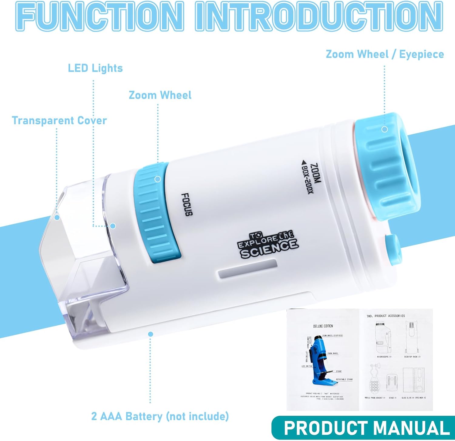 Kanayu Juego de 4 microscopio de bolsillo con luz LED, microscopio de bolsillo portátil, microscopio de mano con bolsa de terciopelo para niños,
