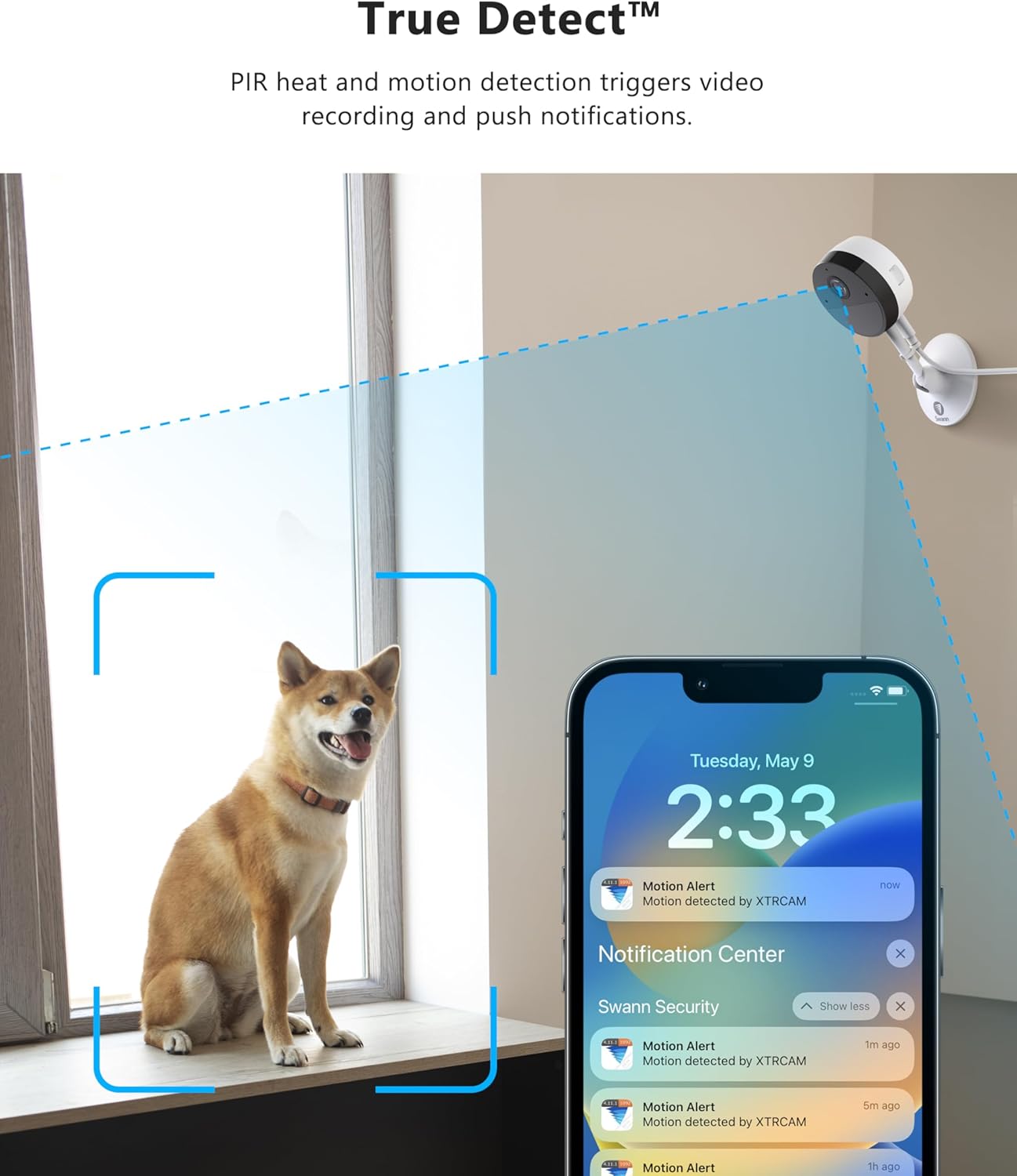 Swann Cámara de seguridad con monitor de bebé Wi-Fi, cámaras de vigilancia para el hogar 2K Quad HD con visión nocturna, conversación de 2 vías,
