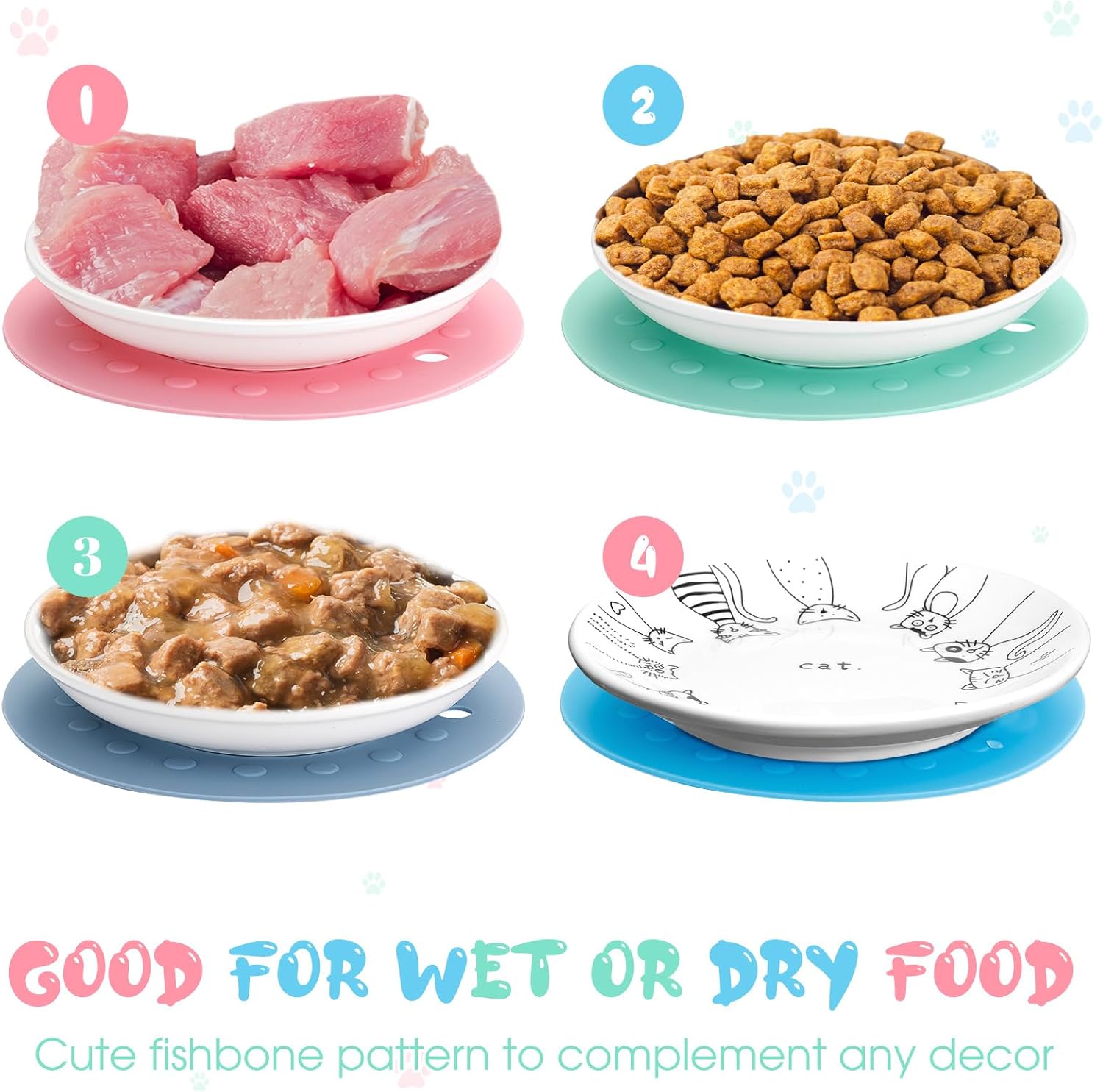 6 cuencos para gatos con 6 alfombrillas antideslizantes de silicona, plato de cerámica para comida, cuenco de comida húmeda para gatos, plato de