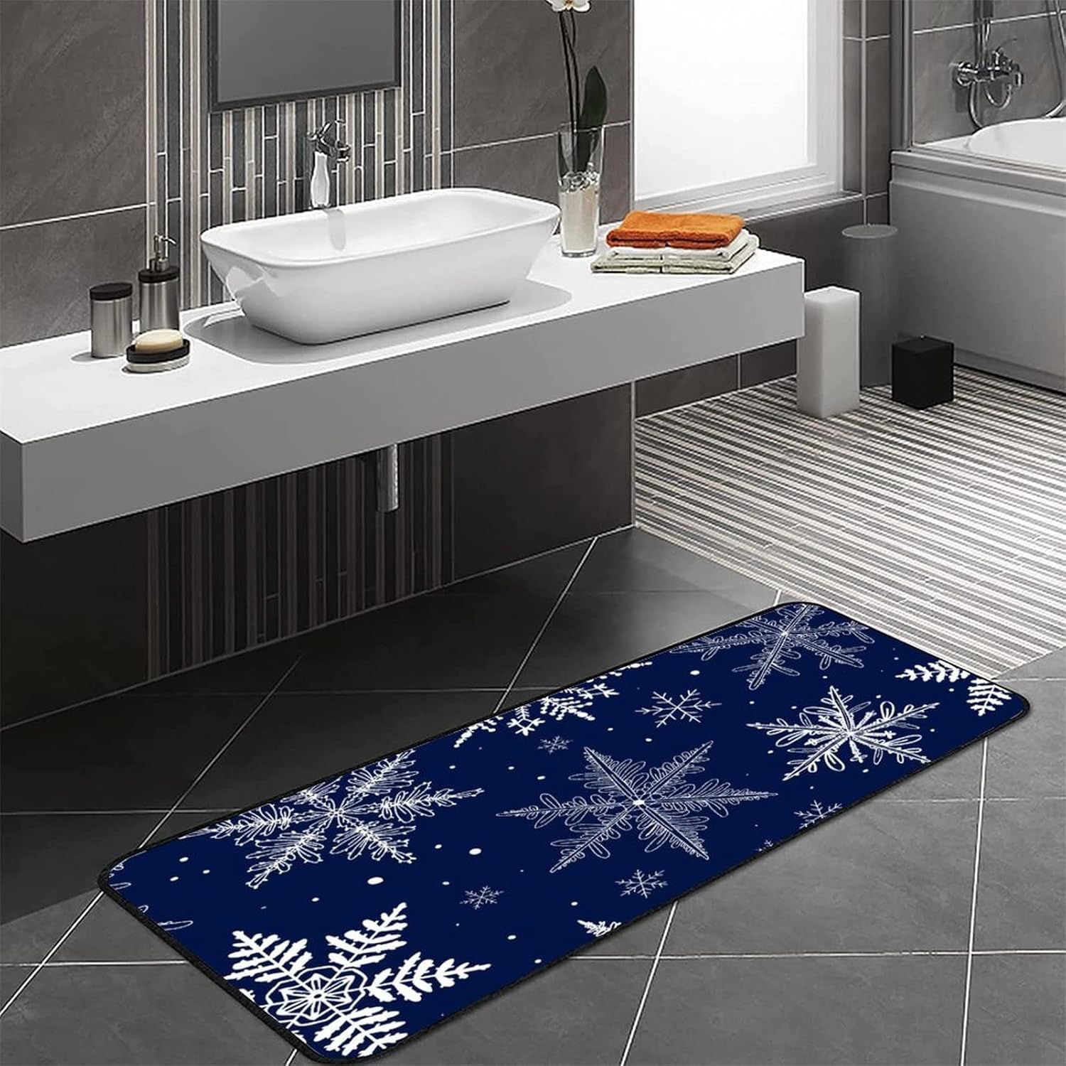Winetr – Alfombra de baño con copos de nieve de Navidad, color azul, antideslizante, lavable, para baño, hogar, oficina, granja, pasillo, fregadero,
