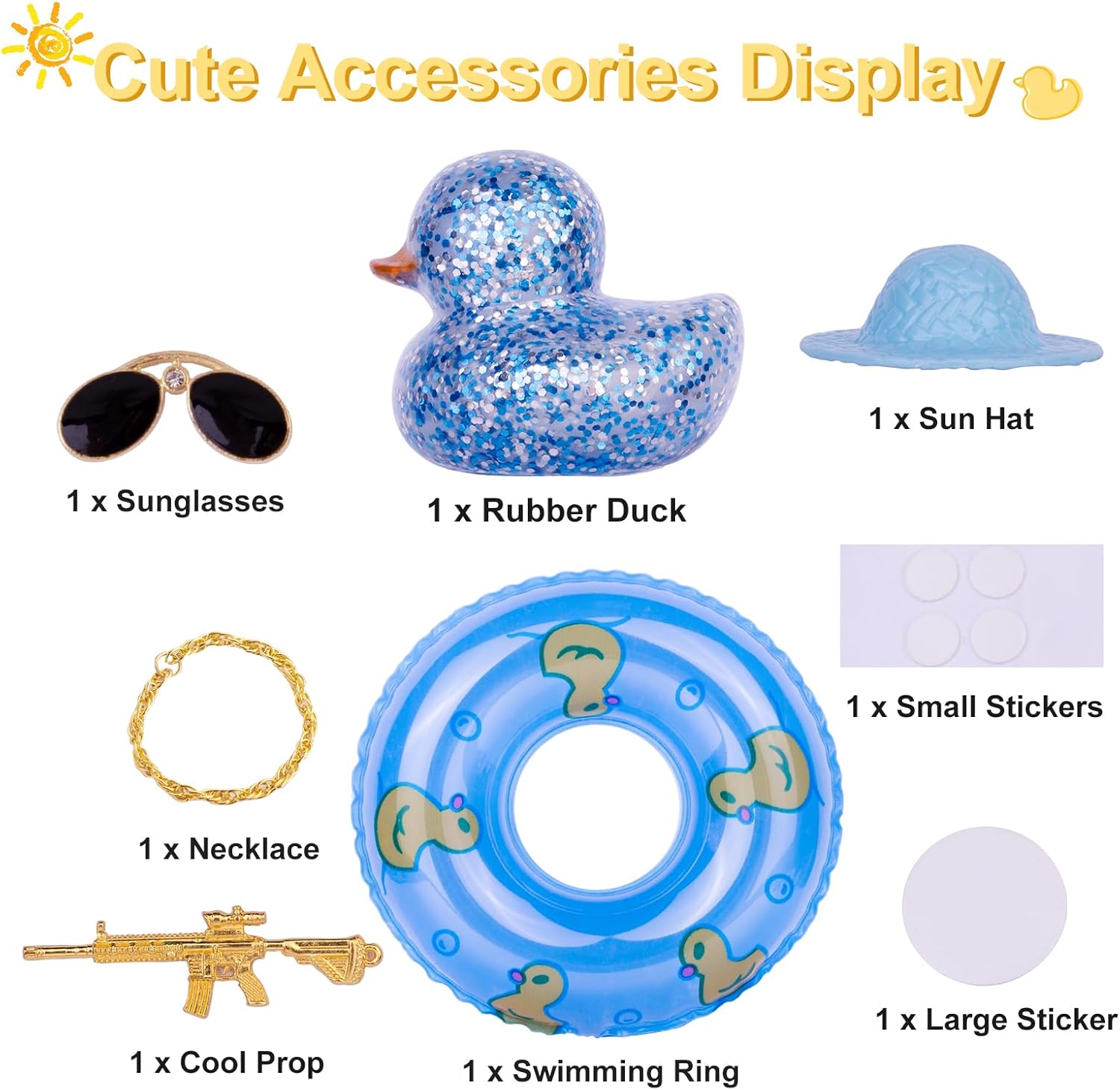 Decoración de tablero de pato de goma para automóvil, adornos coloridos para automóvil con accesorios especiales, mini anillo de natación, gafas de