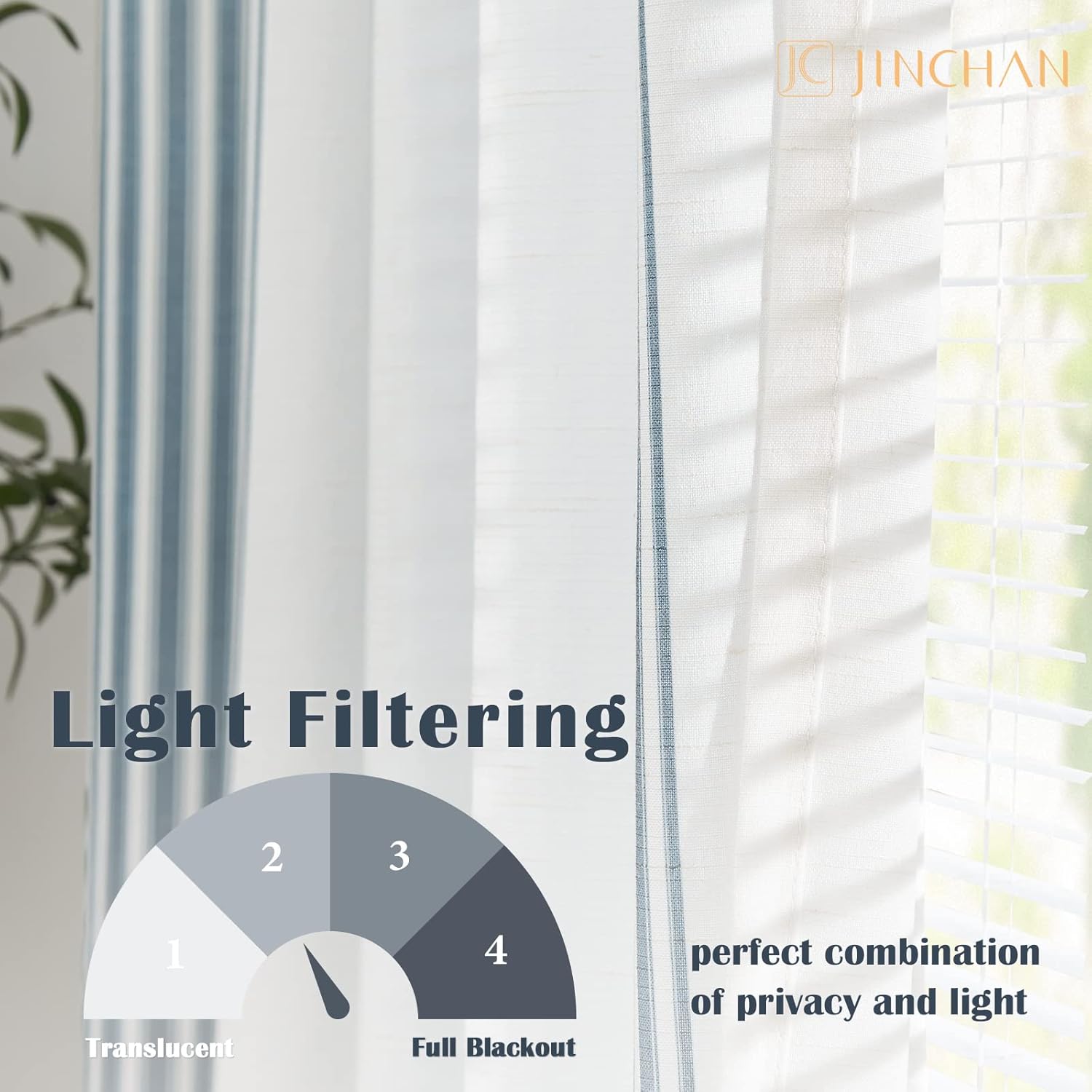 jinchan Cortinas de lino a rayas de 63 pulgadas de largo para sala de estar, cortinas semitransparentes con pestaña trasera, filtrante de luz,