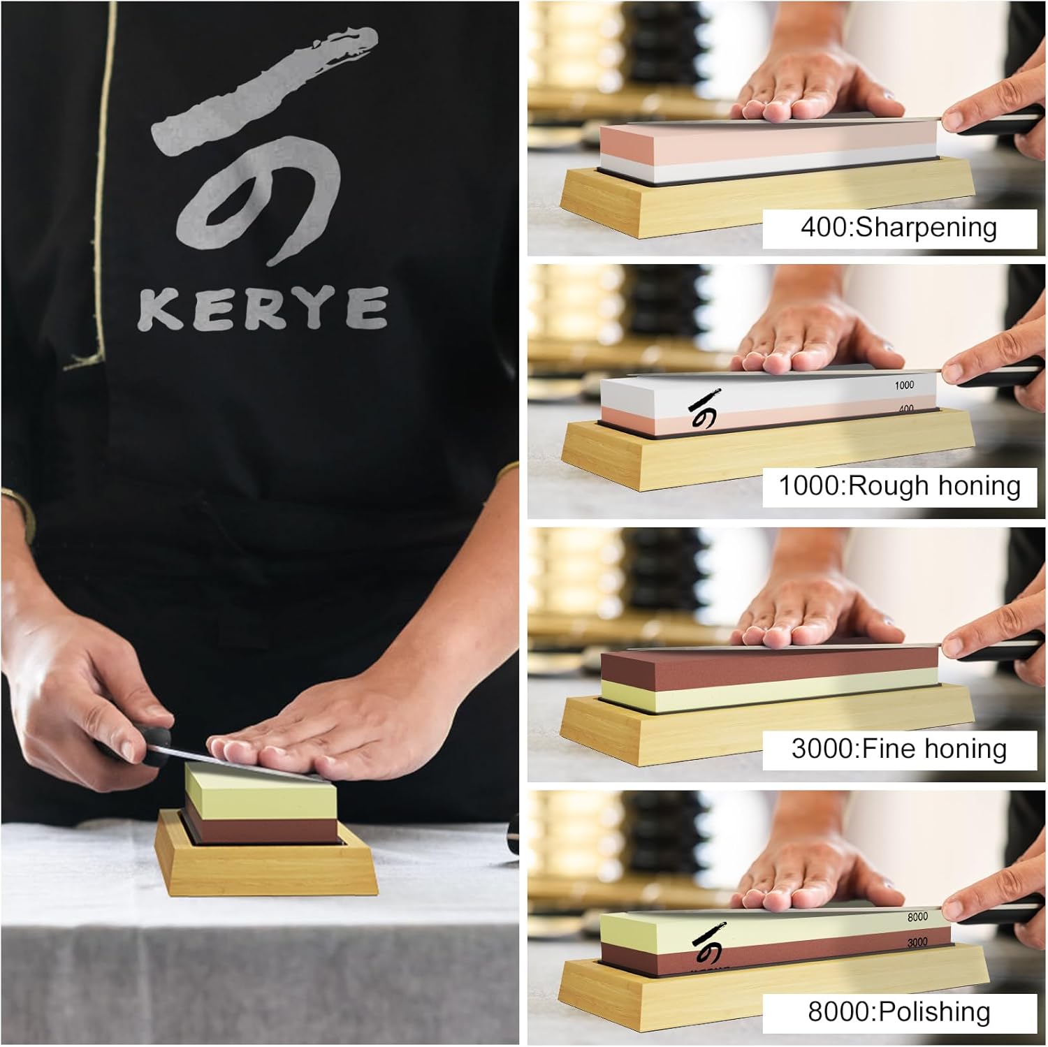 KERYE – Juego de afilador de cuchillos profesional japonés de piedra de afilar, grano de 4 lados premium 4001000 30008000 piedra húmeda, piedra